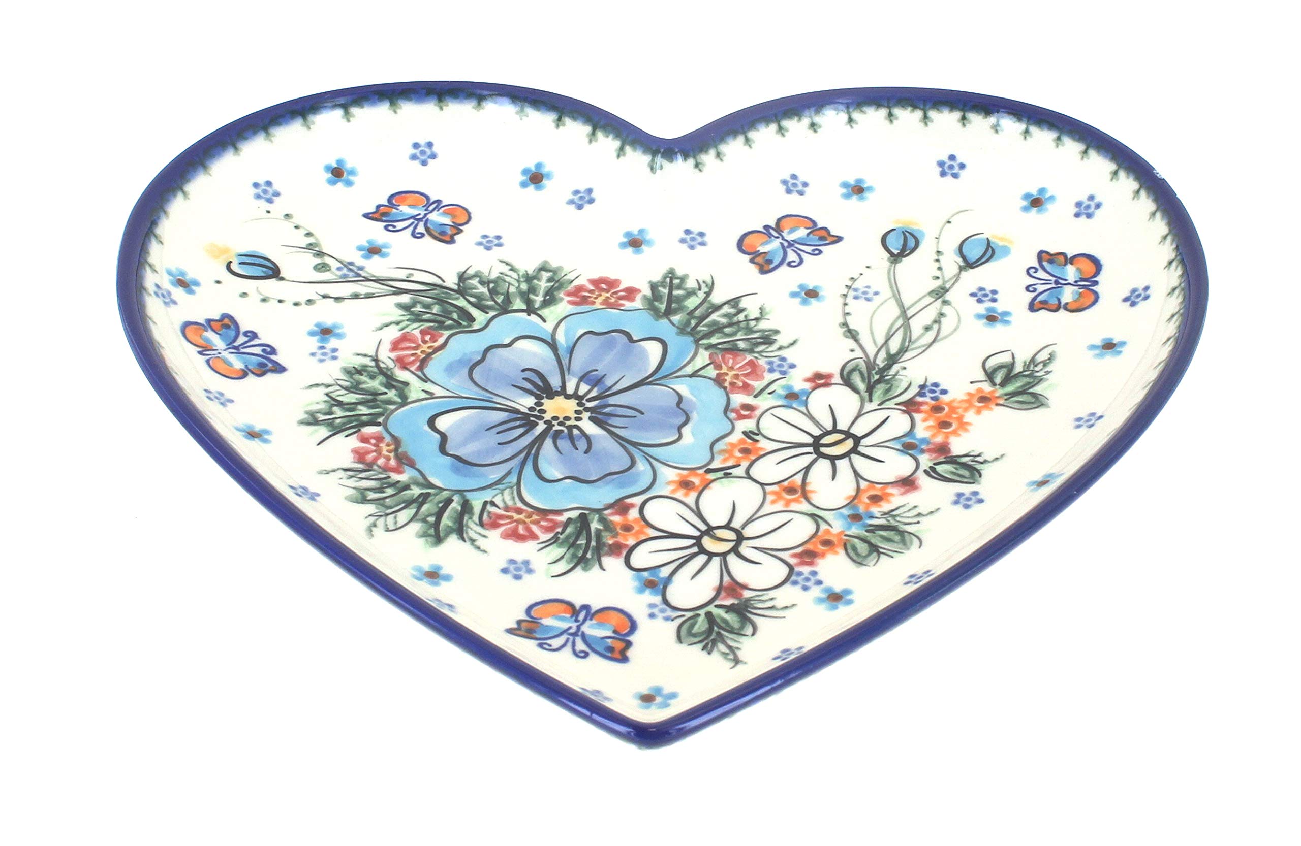 Handmade Blue Rose Polish Pottery Heart Plate - Large Spring Morning Design - Perfect for Dining, Home Decor & Gift Giving