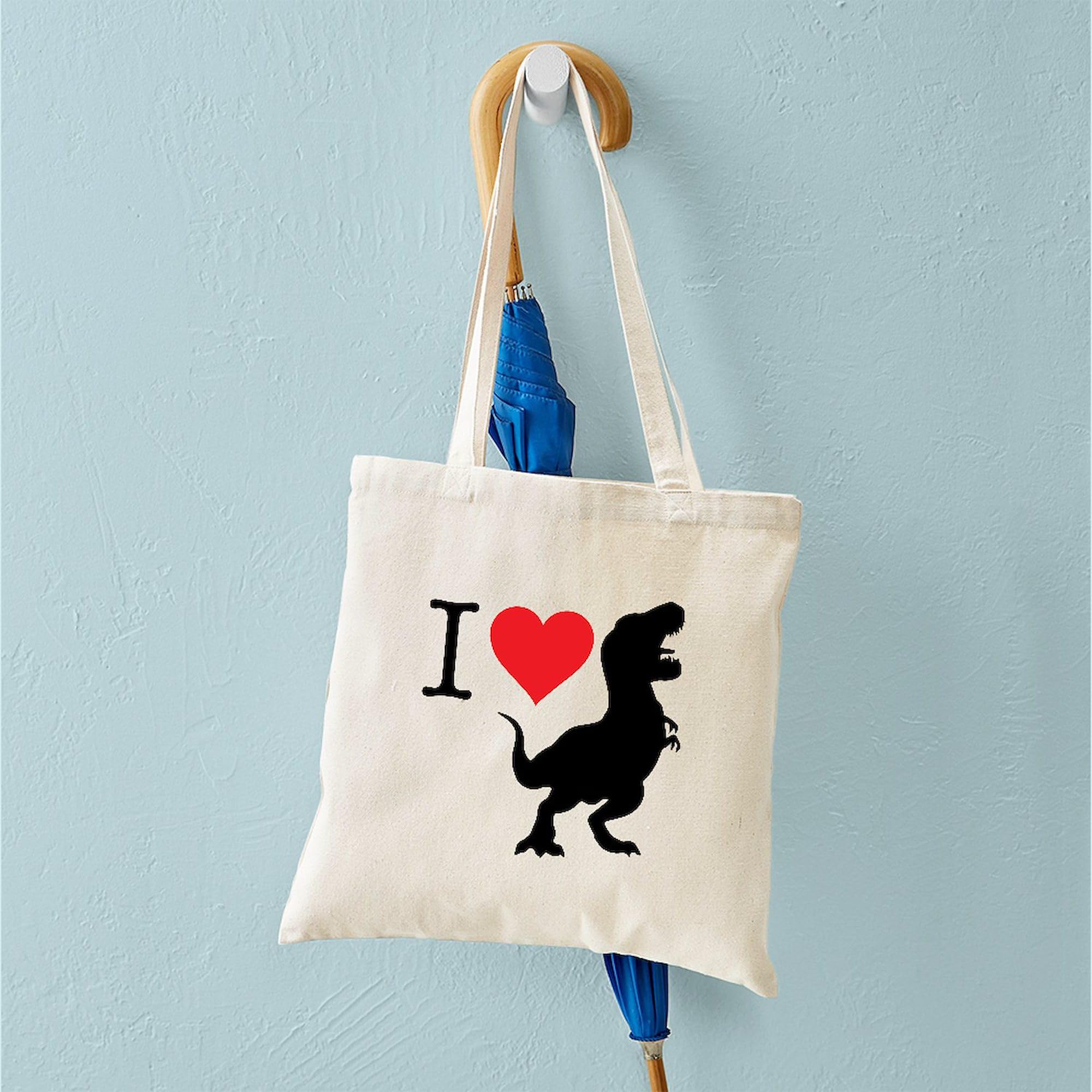 I Love T Rex Natural Canvas Tote Bag - Reusable Grocery Shopping Bag for Dinosaur Lovers, Eco-Friendly & Durable (Perfect for School, Work, or Farmers Market)