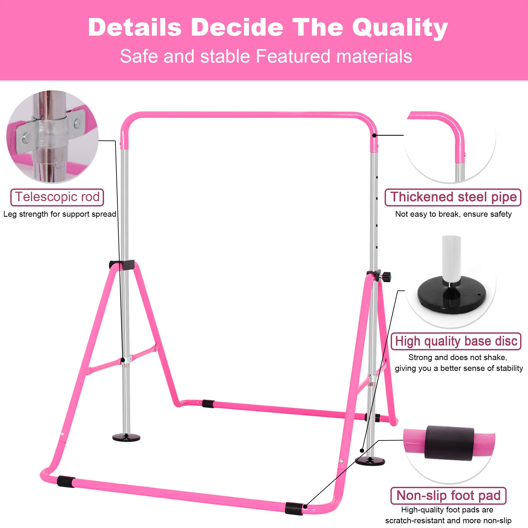 ITHWIU Adjustable Gymnastics Bar - Foldable Horizontal Training Bar for Kids & Adults, Height Adjustable from 3-5ft - Perfect for Home Gym, Backyard Practice & Indoor Gymnastic Training