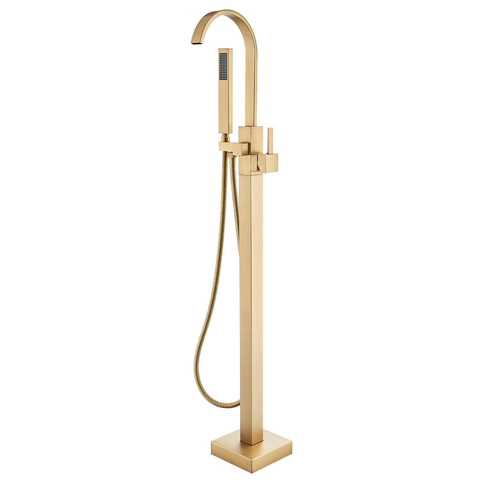Freestanding Bathtub Faucet - Floor Mounted Tub Filler with Single Handle 360° Swivel Spout, Brushed Gold Finish, High Flow Brass Construction - Perfect for Modern Bathroom & Spa Retreats