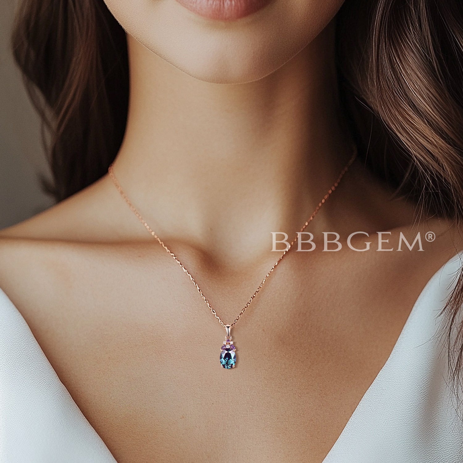Oval Cut Color Changing Alexandrite Pendant with Amethyst Cluster Necklace | Elegant Jewelry for Weddings, Anniversaries & Special Occasions