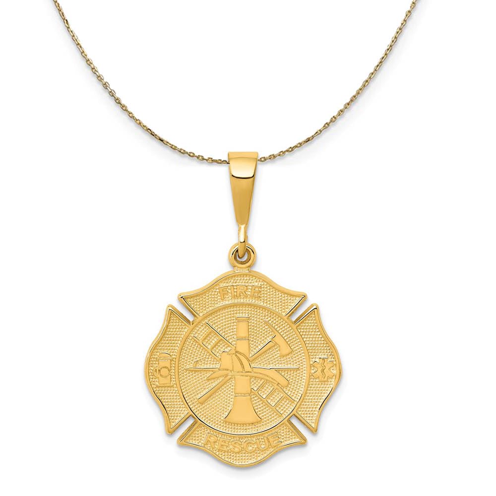 14k Yellow Gold Fire Rescue Shield Necklace for First Responders