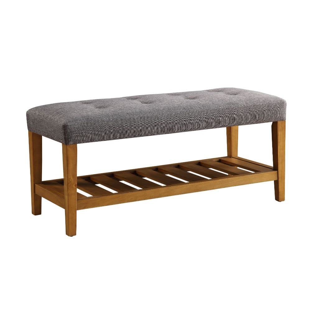 HomeRoots Rectangular Gray Padded Bench with Oak Finish Legs and Storage Shelf - Perfect for Entryway, Bedroom, or Living Room Seating and Storage