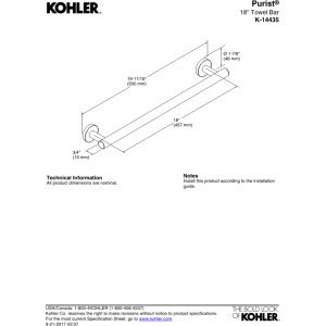 KOHLER 14435-CP Purist 18 Inch Chrome Towel Bar - Wall Mounted Bathroom Towel Rack Holder for Modern Homes - Perfect for Bathrooms, Spas, and Powder Rooms