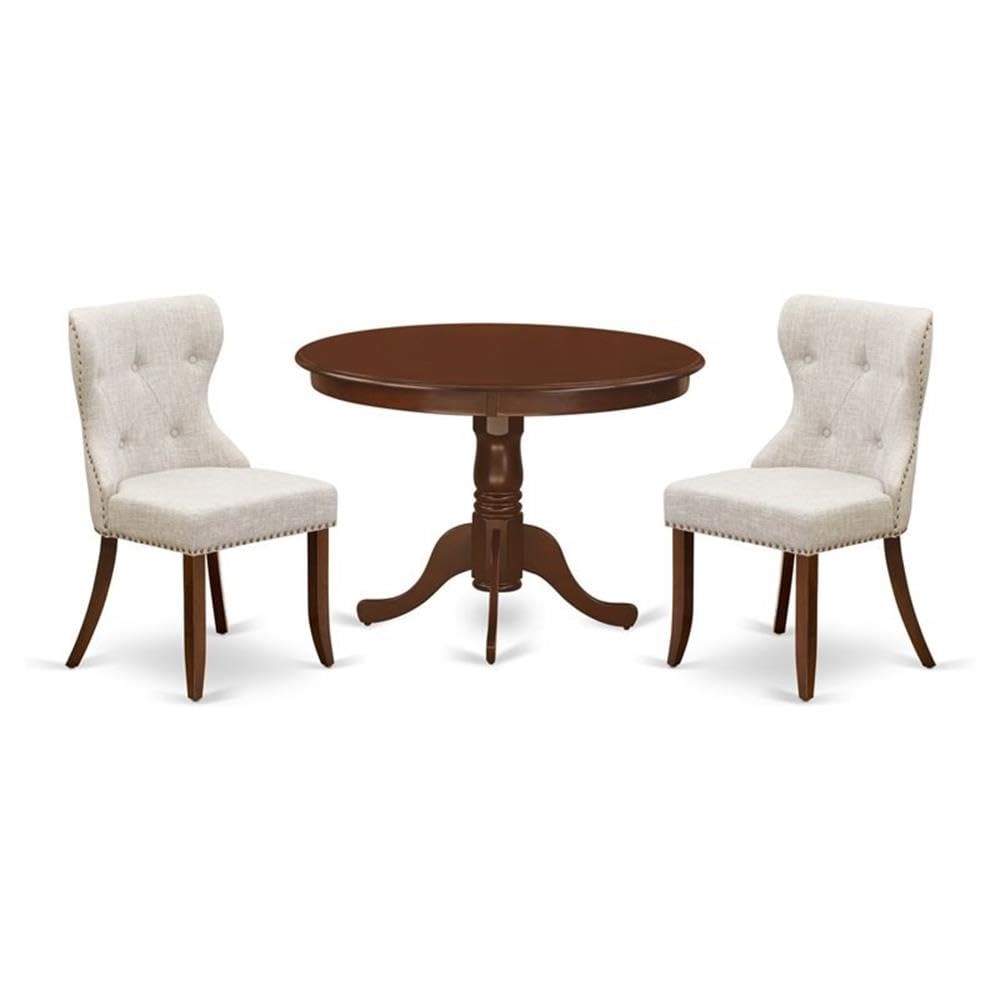 East West Furniture 3 Piece Round Dining Table Set with Pedestal Base & 2 Doeskin Linen Parsons Chairs - 42 Inch Mahogany Wood Kitchen Table for Small Spaces, Breakfast Nook, Apartment Dining Room