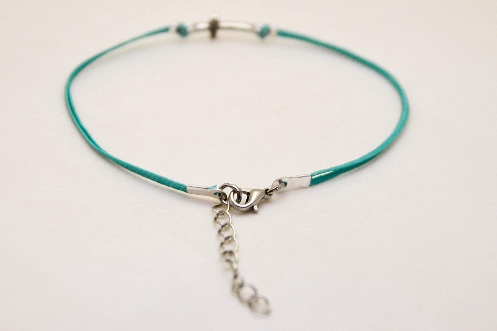 Silver Cross Anklet - Christian Catholic Ankle Bracelet with Turquoise Cord, Religious Jewelry Gift for Her, Bridesmaids, Baptism & Wedding