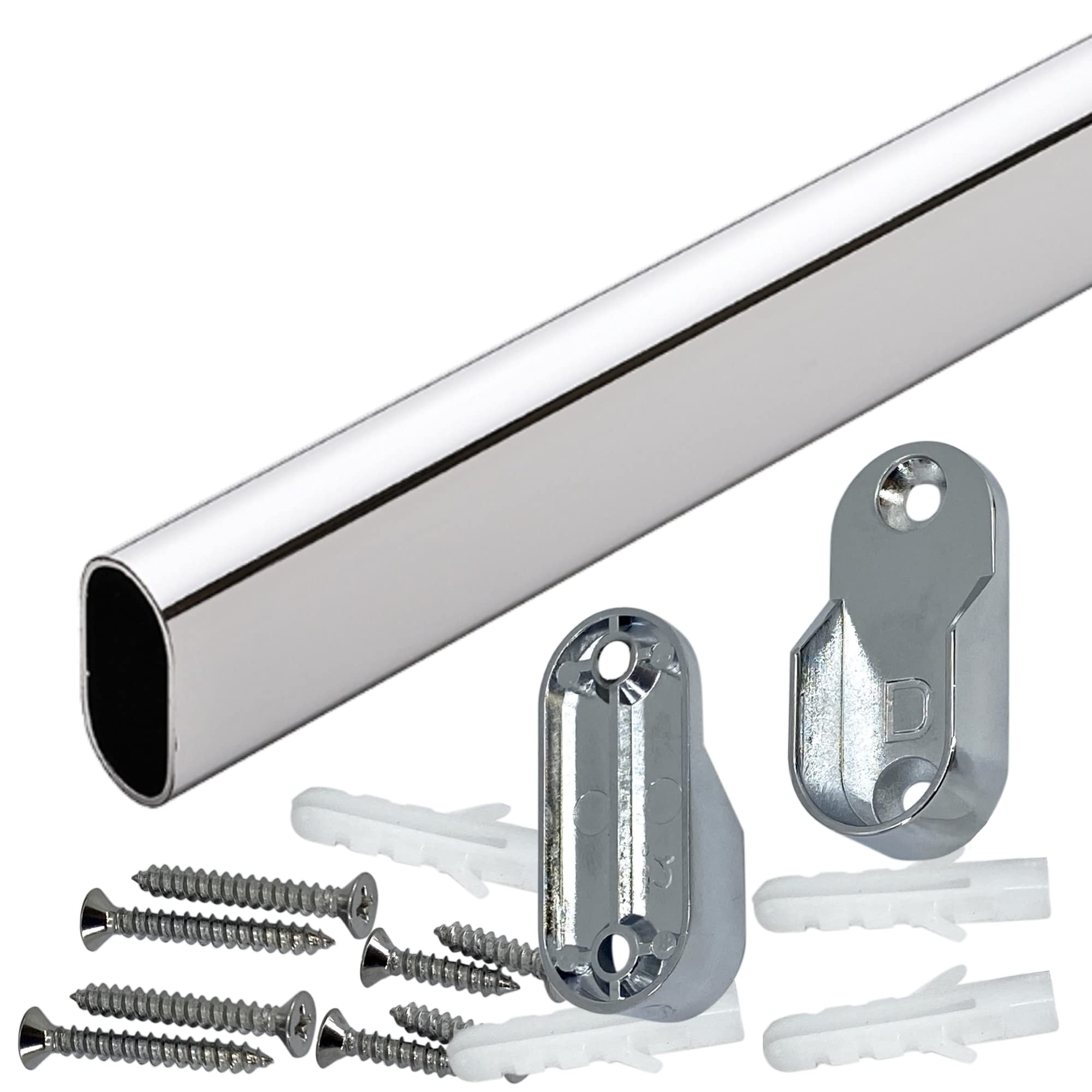 Custom Cut Oval Closet Rod - Adjustable Up to 94 Inches with Screw-on Wall Brackets in Polished Chrome Finish - Perfect for Walk-in Closets, Bedroom Storage, and Wardrobe Organization