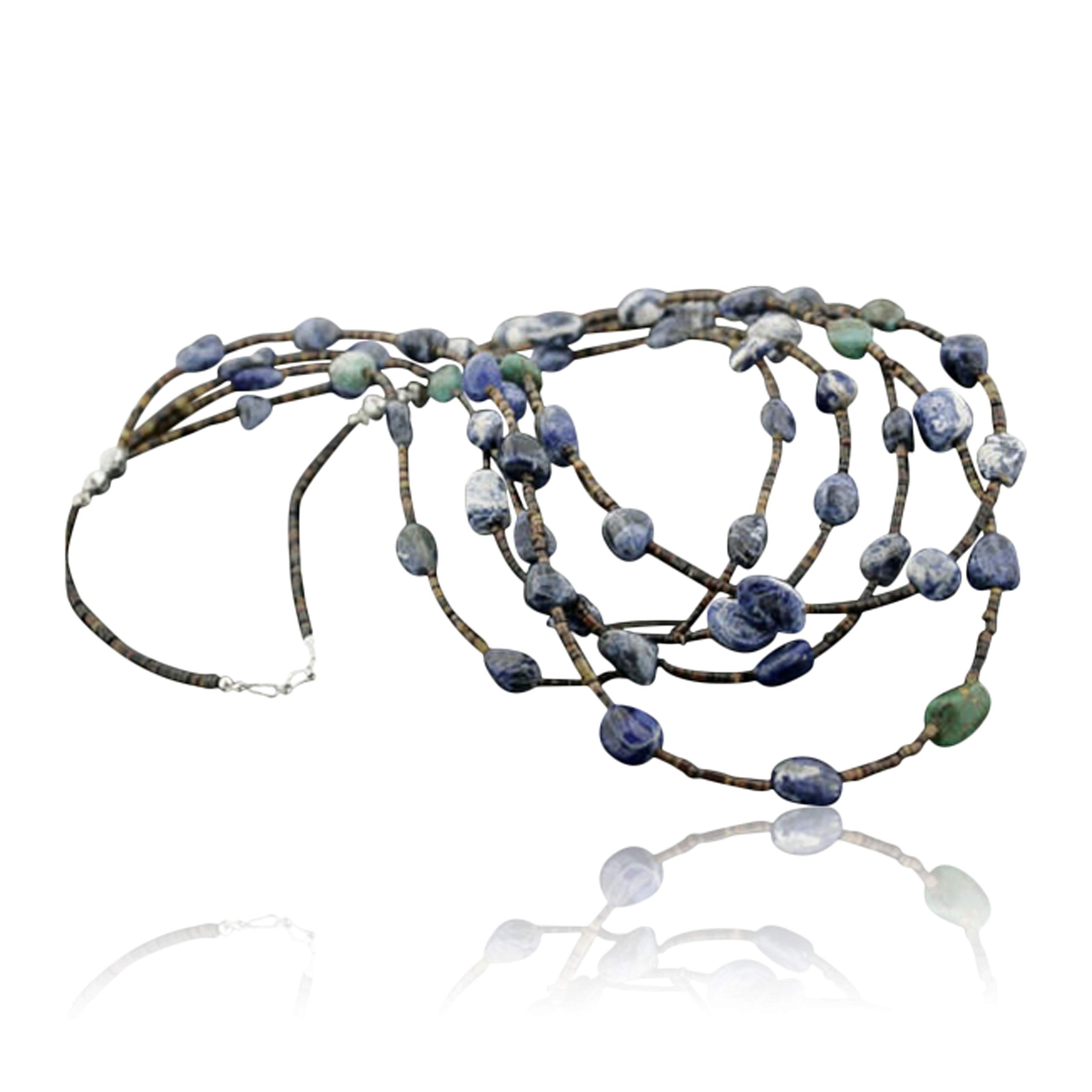 Authentic Navajo Turquoise Lapis Native Necklace - 5 Strand Sterling Silver Jewelry - Handmade by Loma Siiva - Perfect for Boho Fashion, Gift Giving & Special Occasions