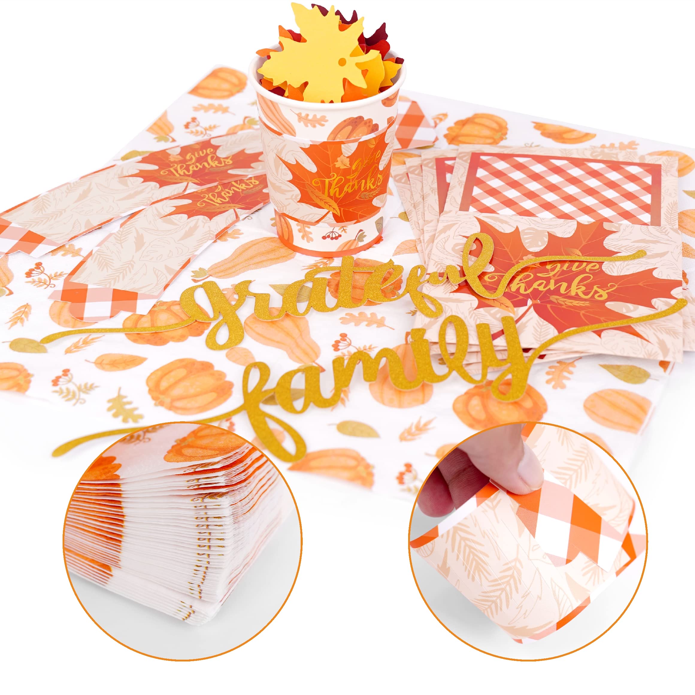 Thanksgiving Table Decor Set - 18-Piece Cutlery Holder, 50 Napkins, 18 Paper Cup Sleeves & Grateful Word Cutouts - Glitter Turkey Utensil Decor for Holiday Dining & Party Settings