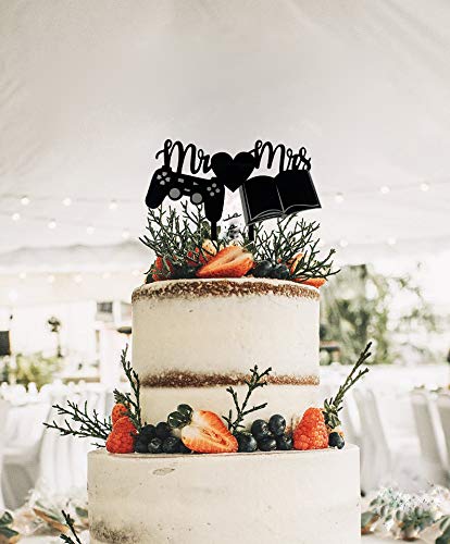 Romantic & Funny Mr & Mrs Wedding Cake Topper with Game Controller & Book - Perfect for Gamer Couples & Book Lovers - Ideal for Wedding Cakes, Anniversary Celebrations & Bridal Showers