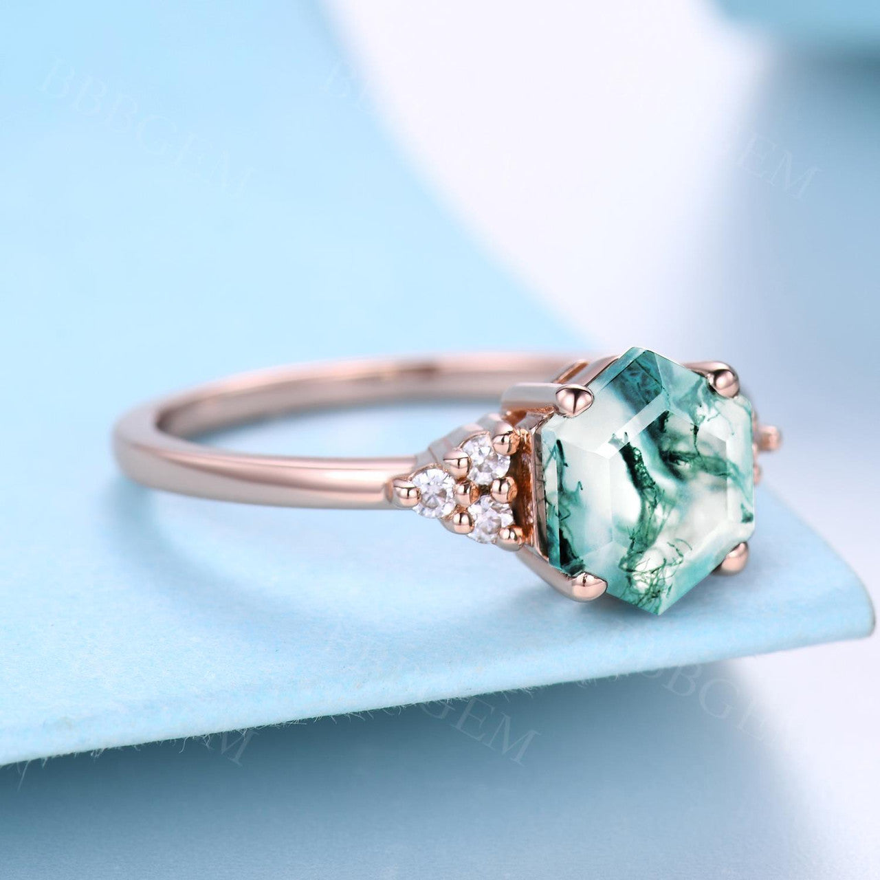 Vintage Rose Gold Hexagon Cut Moss Agate Engagement Ring with 6 Diamond Accent Stones - Perfect for Proposals, Weddings & Anniversary Gifts