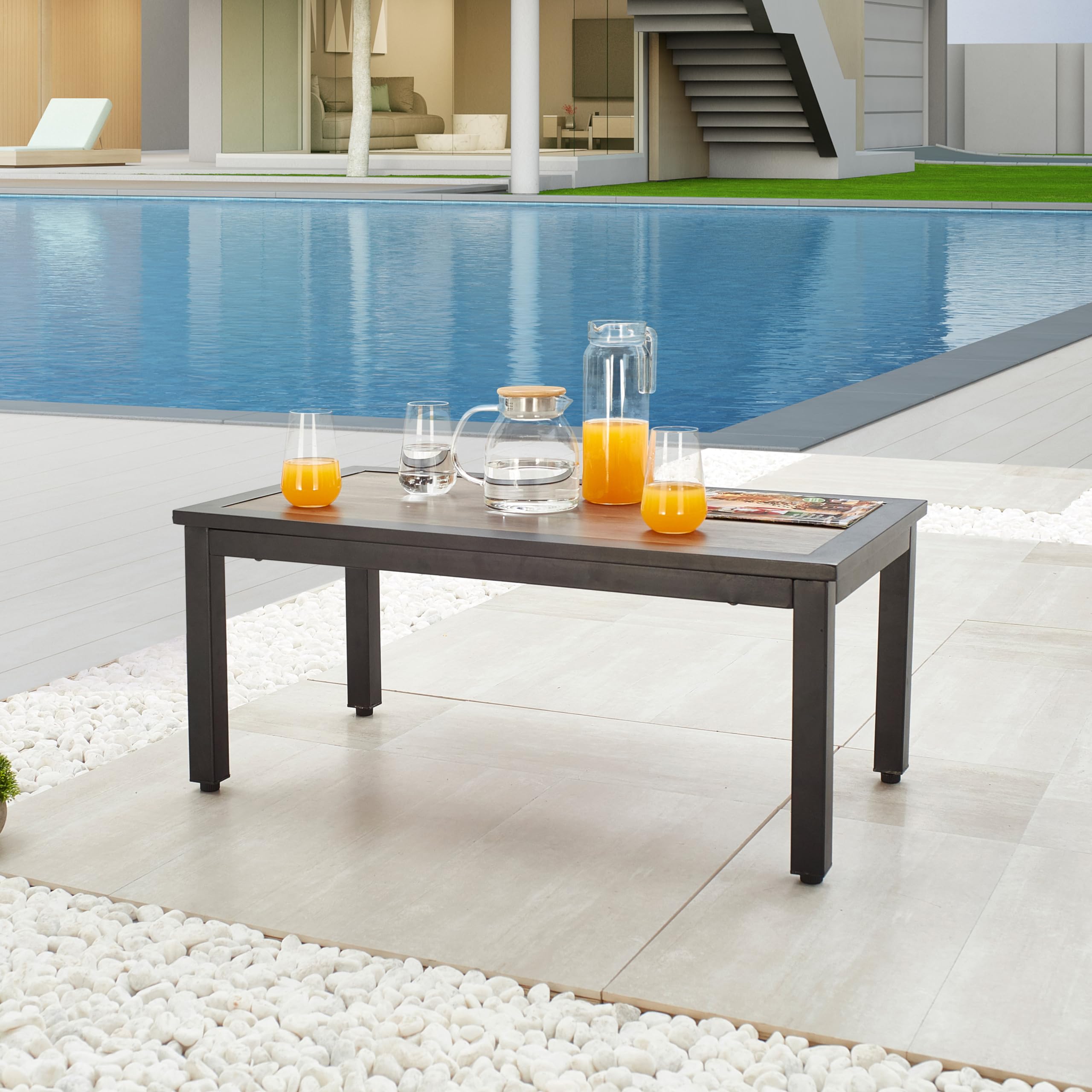 LOKATSE HOME Outdoor Metal Coffee Table with Wood Grain Top - Rectangle Patio Furniture for Backyard, Deck, Lawn & Garden - Perfect for Poolside Lounging & Outdoor Entertaining