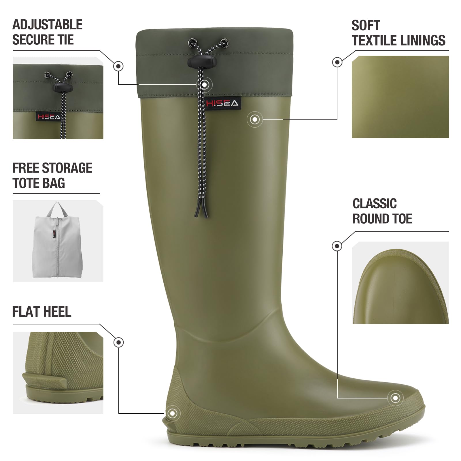 HISEA Women's Waterproof Rubber Rain Boots - Lightweight Packable Tall Garden Boots for Walking, Hiking & Outdoor Activities - Comfortable Wellies for Rainy Days & Muddy Terrains
