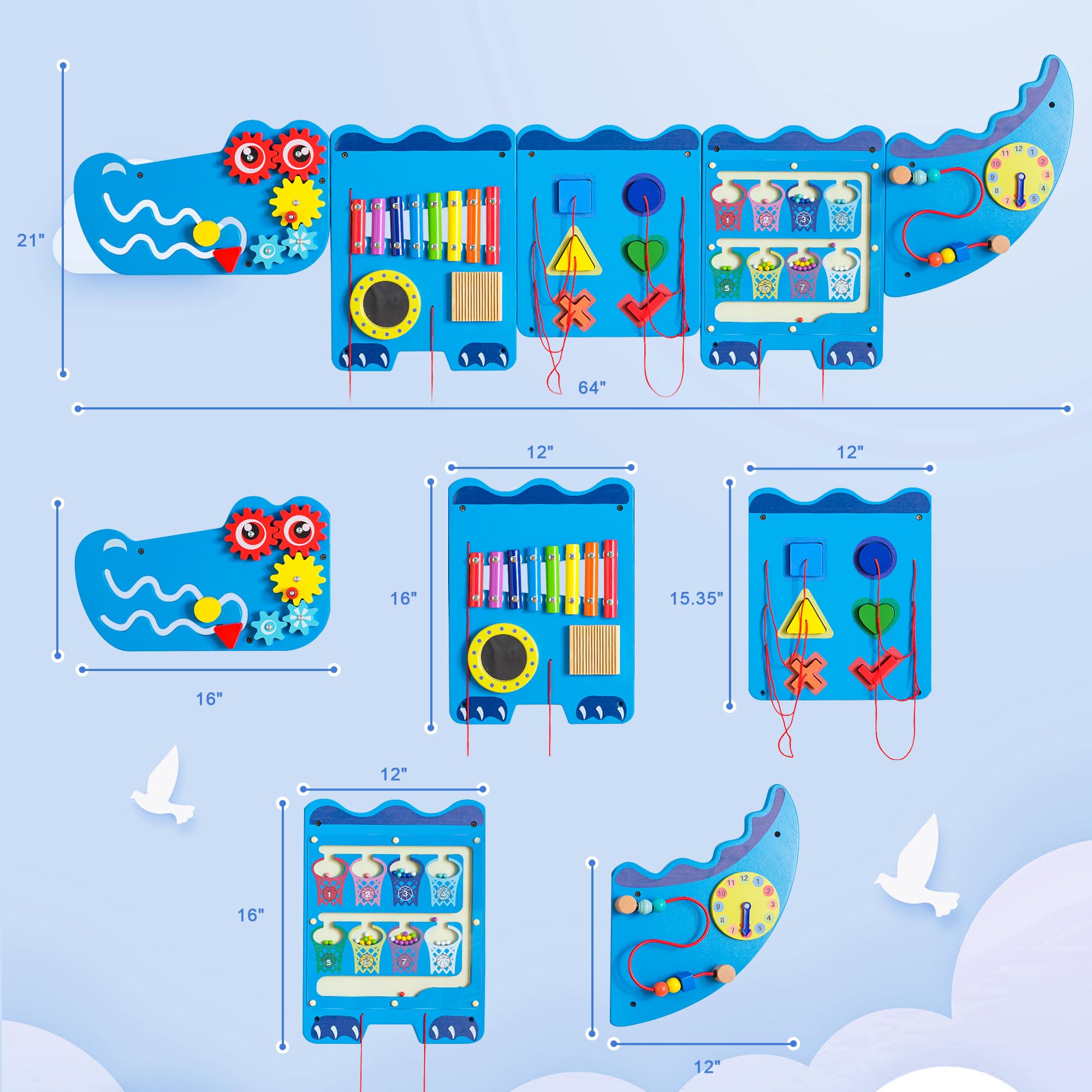 Crocodile Sensory Toys Activity Wall Panels - Montessori Educational Busy Board for Toddlers, Wooden Learning Activity Cube & Interactive Sensory Wall (Blue) | Perfect for Daycare, Preschool & Home Playrooms