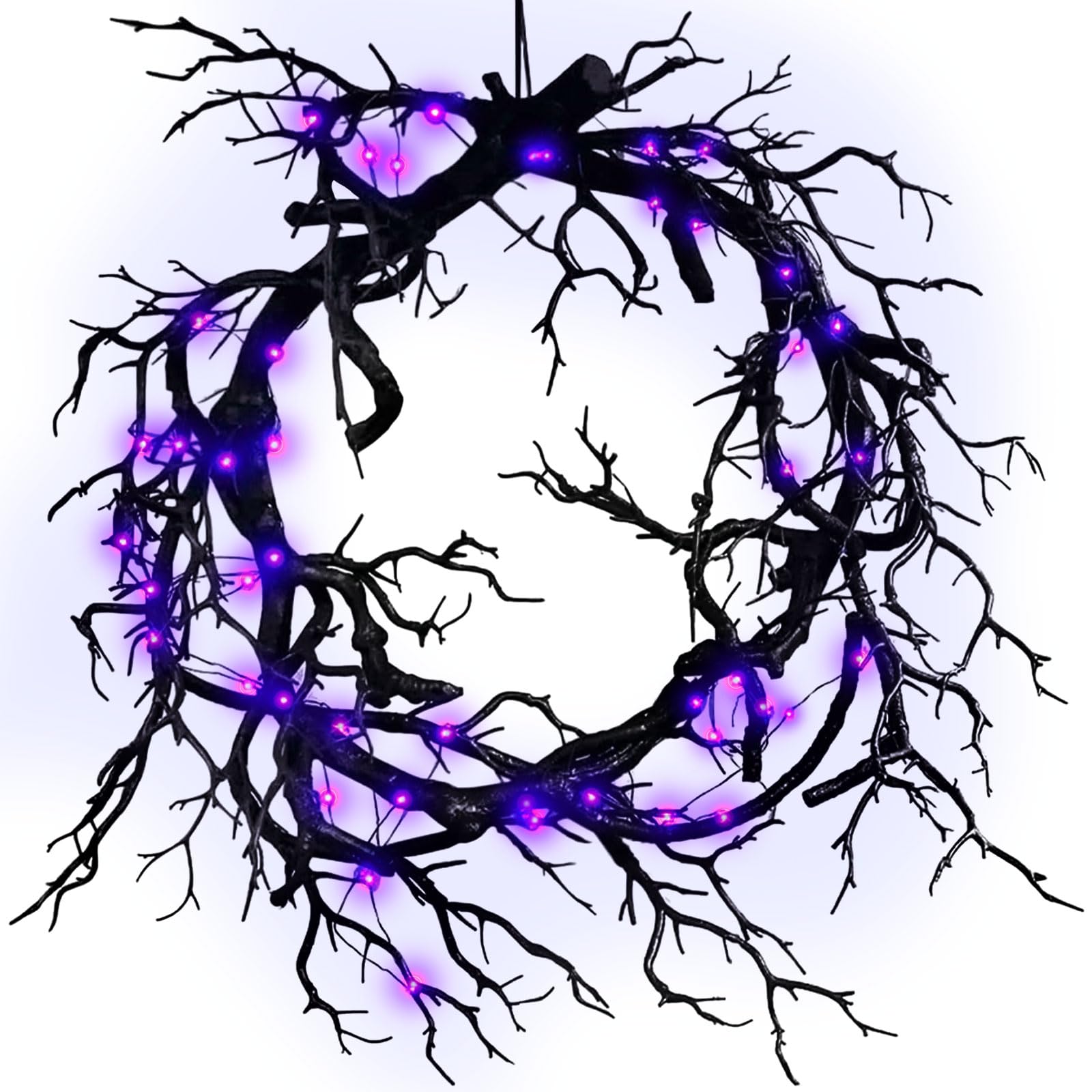 20IN Large Glitter Black Branch Halloween Wreath with Purple LED Lights - Handmade Gothic Front Door Decor for Halloween, Christmas, Fall Season - Perfect for Porch, Mantel & Window Display