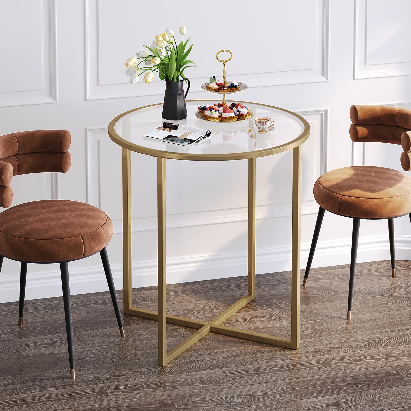 SAYGOER 26.7'' Round Glass Dining Table - Modern Small Kitchen Table for 2, Space Saving Design with Gold Frame, Easy Assembly | Perfect for Breakfast Nook, Small Apartments & Cozy Dining Spaces