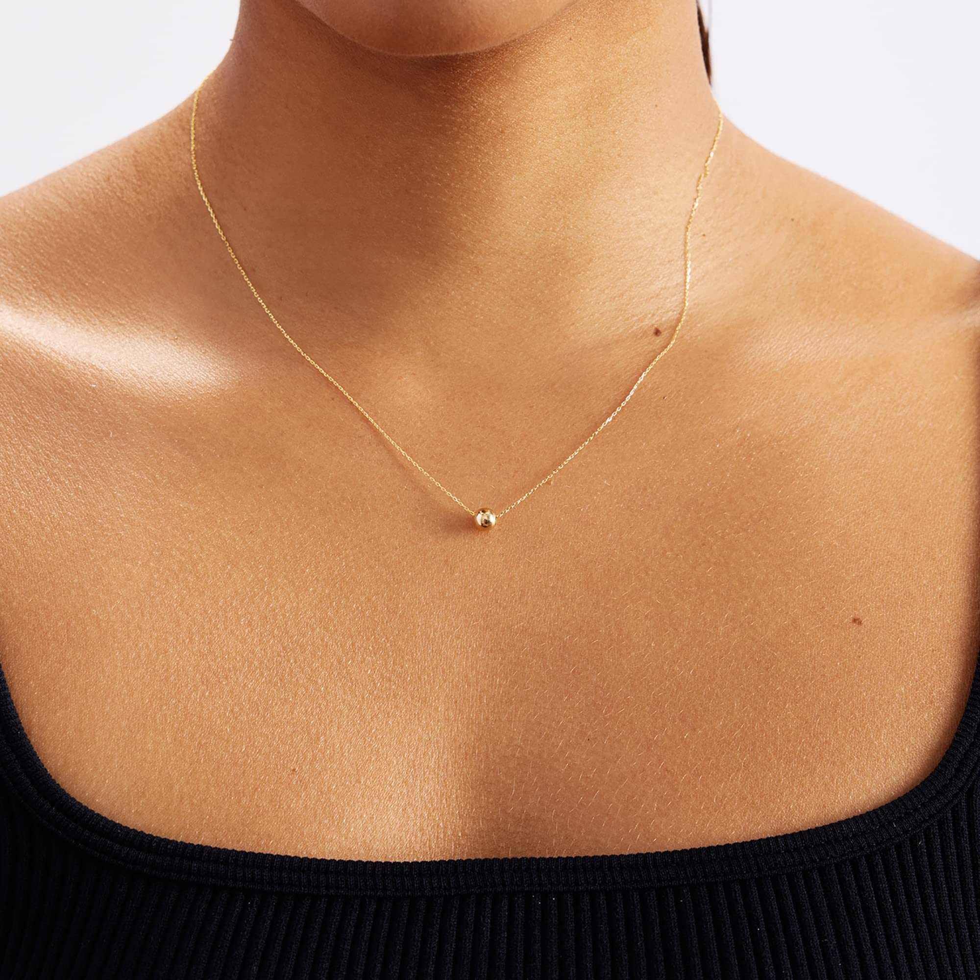14K Solid Gold Bead Necklace for Women - 18