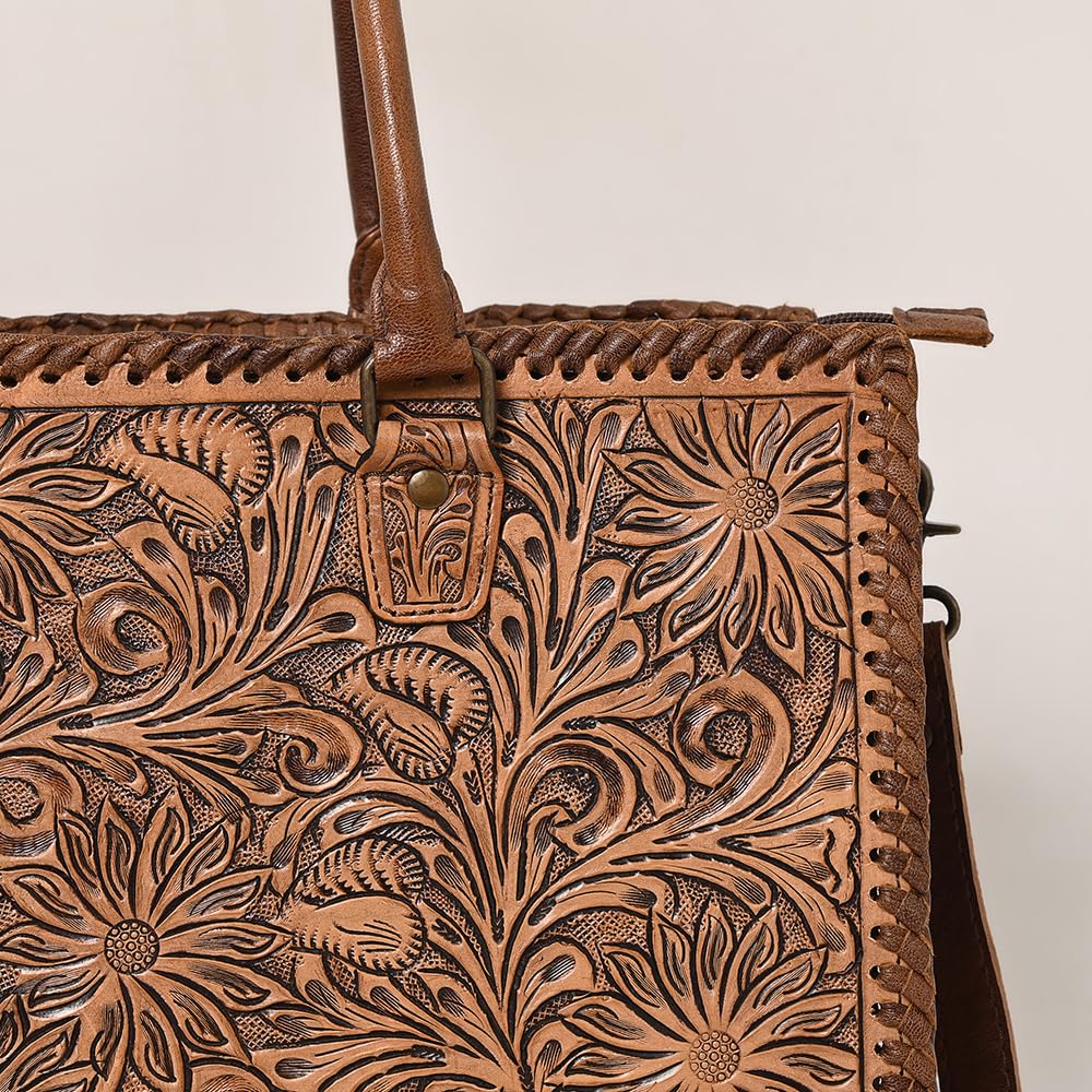 American Darling Hand-Tooled Genuine Leather Western Women's Briefcase Handbag Purse - Black | Stylish Cowgirl Bag for Work, Travel & Western Fashion