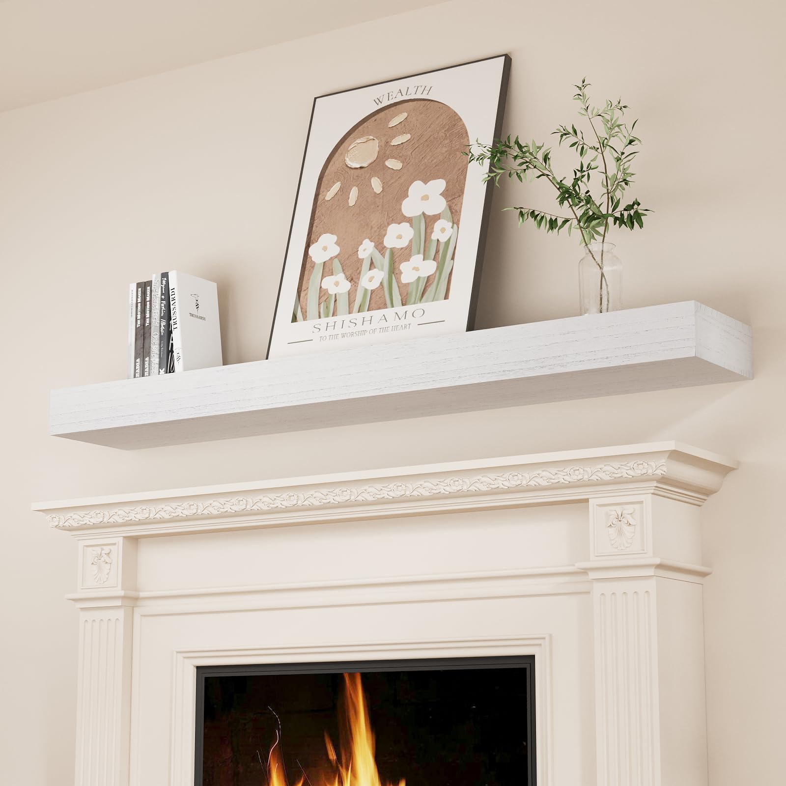 48 Inch Solid Wood Fireplace Mantel Shelf - White Floating Wall Mounted Shelf for Living Room, Bedroom & Home Decor
