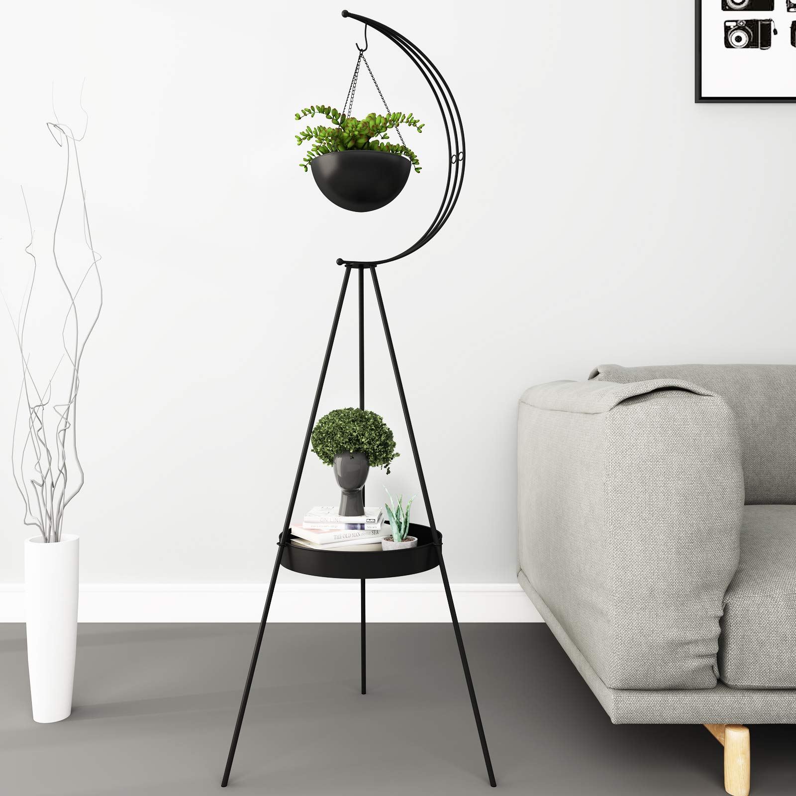 Airogym Metal Plant Stand Indoor Outdoor - Modern Iron Flower Pot Holder, Multifunctional Planter Display Shelf with Hanging Baskets for Garden, Patio, Balcony, Living Room Corner Decor (Black) | Perfect for Home, Office & Outdoor Spaces