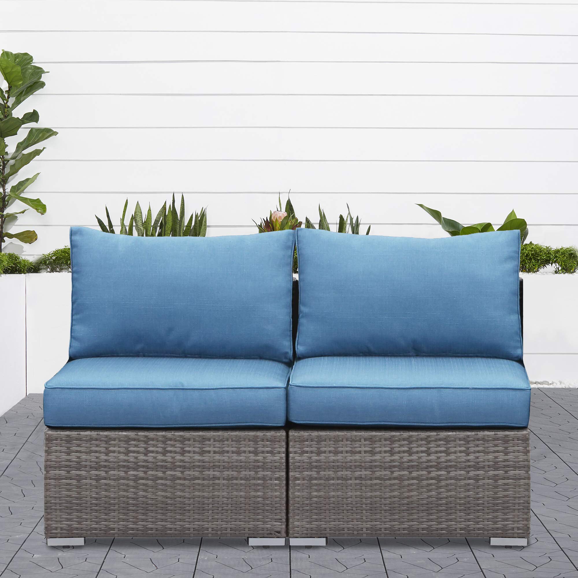 2-Piece Patio Armless Sofa Set with Cushions - Outdoor Wicker Sectional Furniture for Garden, Backyard & Porch - Blue Wisteria Lane Loveseat - Perfect for Relaxing, Entertaining & Outdoor Lounging