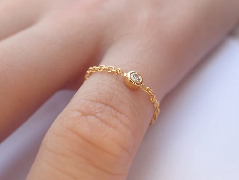 14K Yellow Gold Dainty Diamond Chain Ring - Natural Diamond Bezel Set Minimalist Band for Women - Perfect for Everyday Wear, Gift Giving & Special Occasions