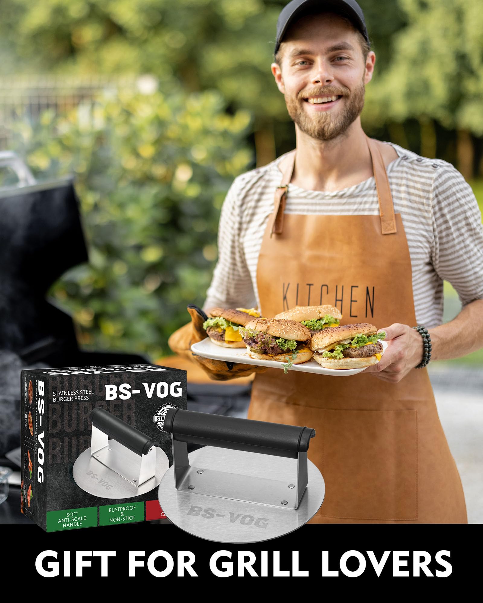 Stainless Steel Burger Press 6.3 Inch - Non-Stick Hamburger Patty Maker with Heat-Resistant Handle - Perfect for Griddle, BBQ, Steak & Meat - Great Kitchen Gift for Home Chefs & Outdoor Cooking Enthusiasts