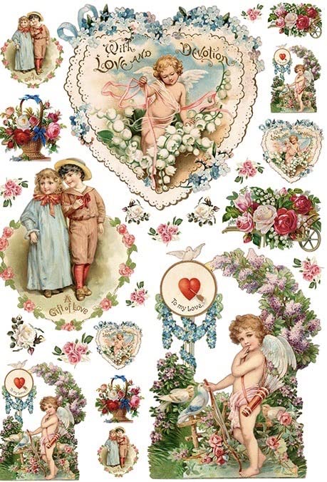 Vintage Decoupage Rice Paper A4 Size - Valentine's Day Cupids Design (2 Sheets) for Scrapbooking, Card Making & DIY Craft Projects - Perfect for Wedding Invitations, Gift Wrapping & Home Decor