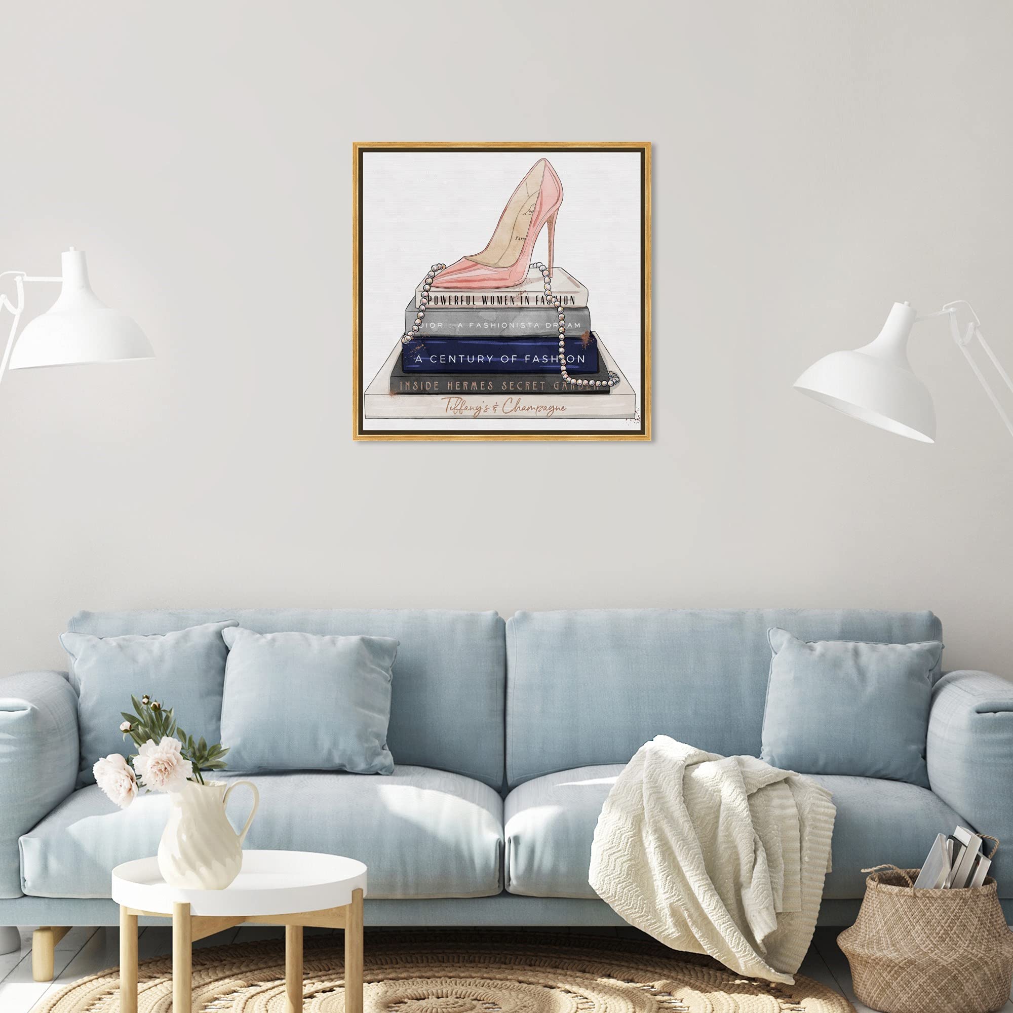 Oliver Gal Fashion & Glam Wall Art Canvas Print - 24x24 Gold Framed Shoes, Blush Stiletto & Navy Books Home Decor | Perfect for Living Room, Bedroom & Office Wall Decor