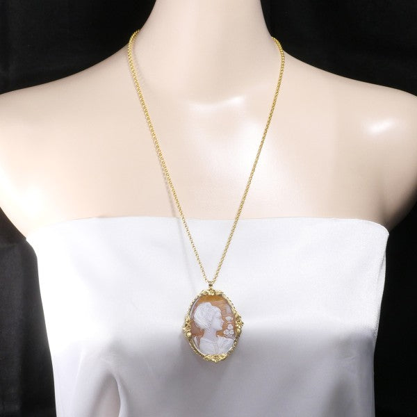 18K Yellow Gold Shell Cameo 2-Way Convertible Necklace & Brooch - Vintage Inspired Jewelry for Women, Perfect for Weddings, Parties & Special Occasions