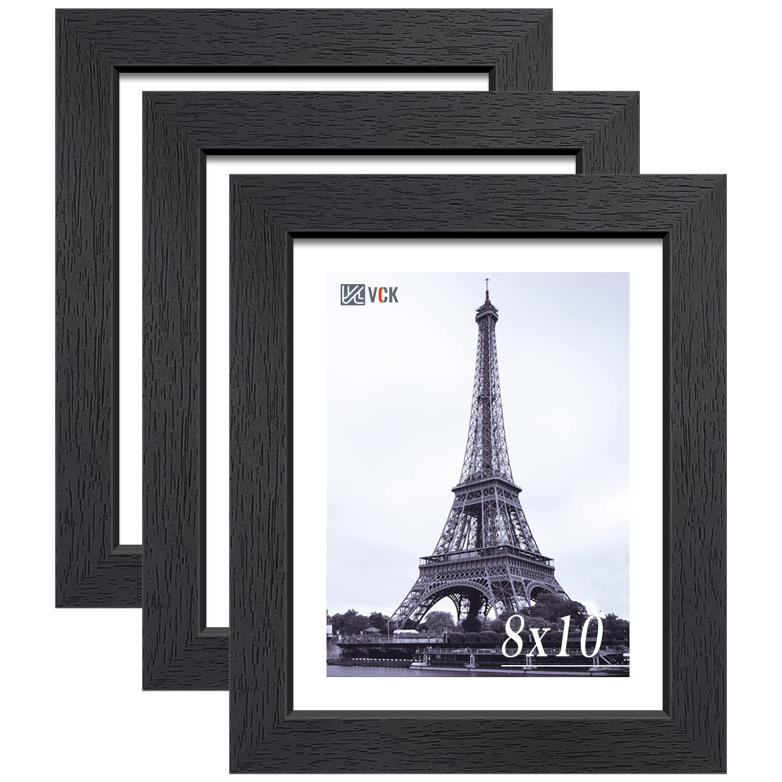 VCK 8x10 Picture Frame Set of 3 - Black Textured Solid Wood Photo Frames for Wall Display | Perfect for Home Decor, Office, Gallery & Gift Giving