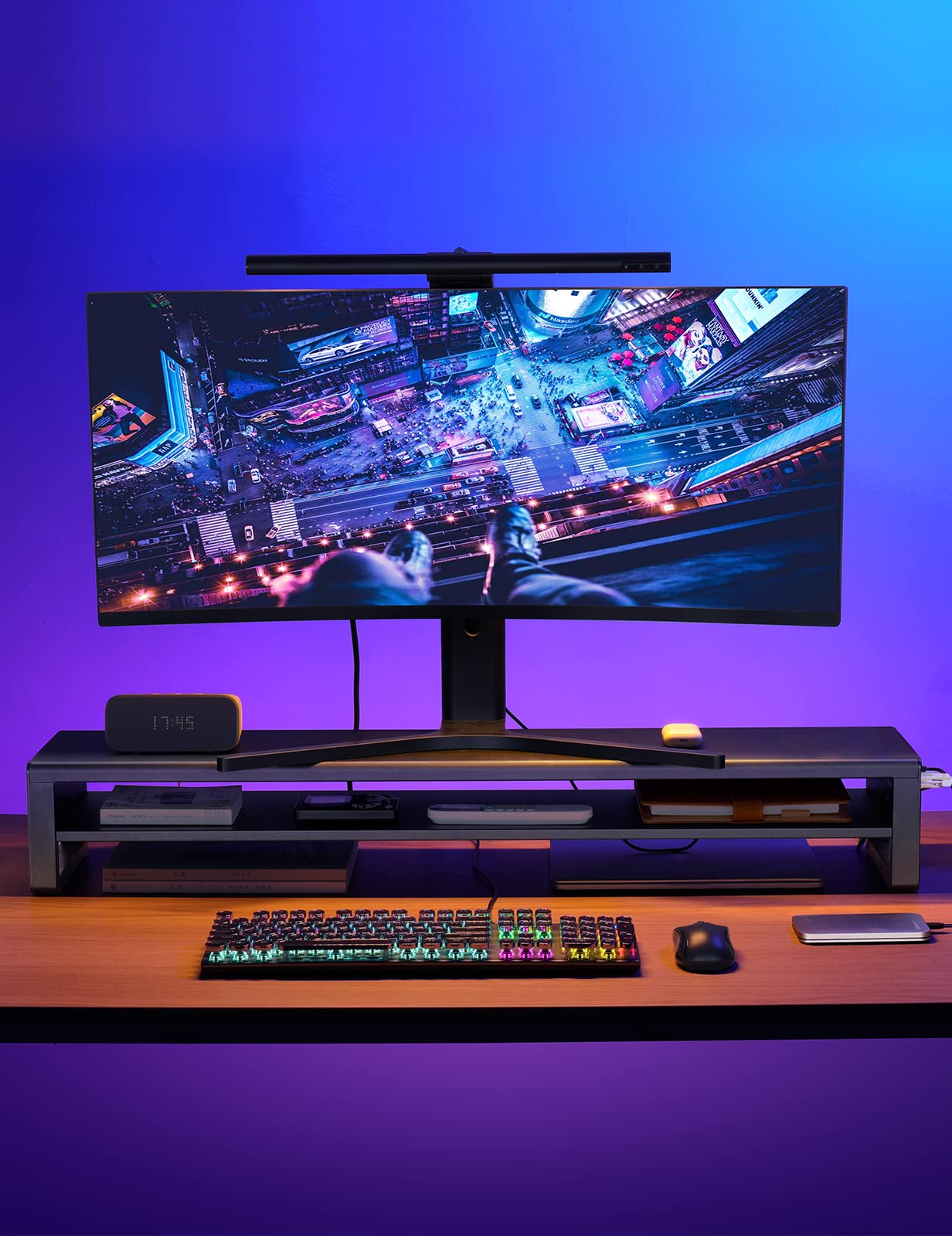 STARSIKI Monitor Stand with Multi-Port Charging Station | RGB LED Lights | Storage Drawers & Phone Holder | Fast USB-C & USB-A Charging | Ergonomic Desk Organizer for Home Office, Gaming & Work Setup