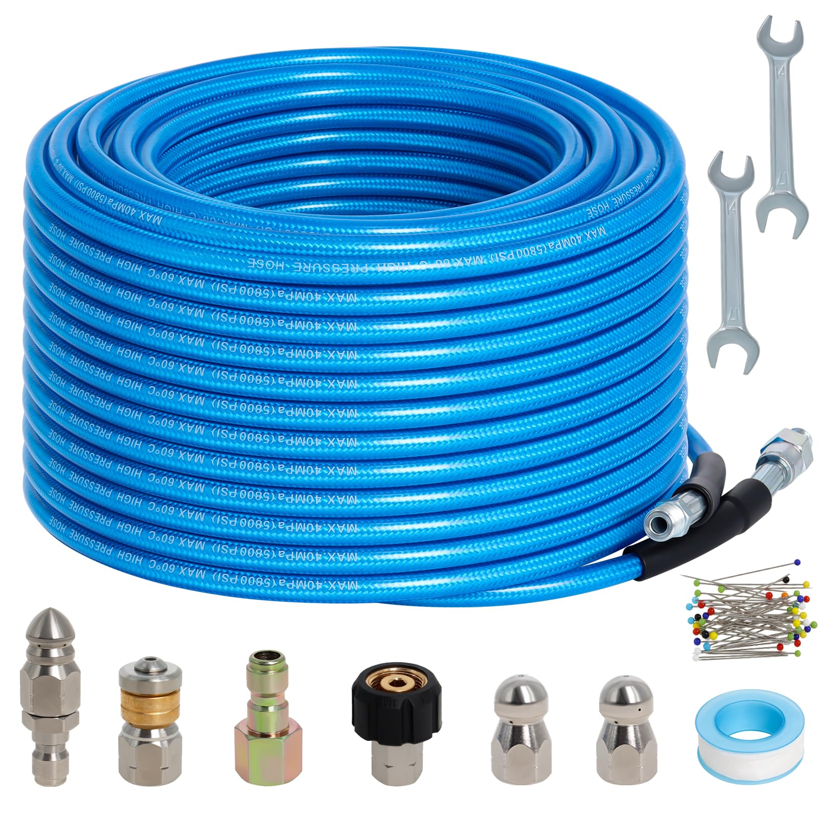 100 FT Sewer Jetter Kit for Pressure Washer - 5800PSI High-Pressure Water Drain Cleaner Hose with 1/4 Inch NPT Corner & 4 Jetting Nozzles - Includes Pearl Corsage Pin, Waterproof Tape, Handle Strap & 2 Spanners (Blue) - Perfect for Clogged Drains, Sewer Lines & Pipe Cleaning