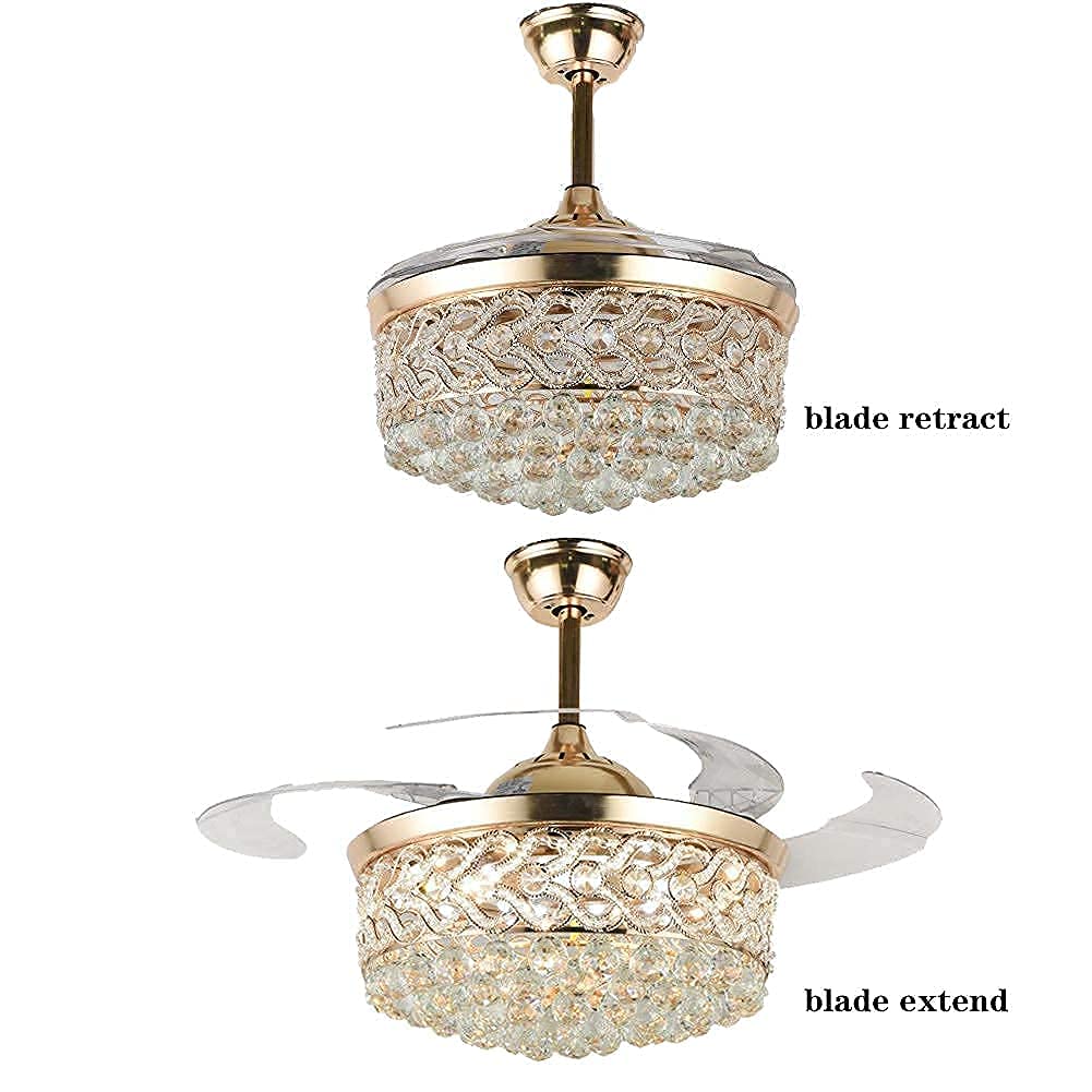 42 Inch Gold Crystal Ceiling Fan with LED Lights & Remote Control - Retractable Blades, 3 Speed Settings, 3 Color Temperatures - Elegant Chandelier Fan for Living Room, Bedroom & Dining Room
