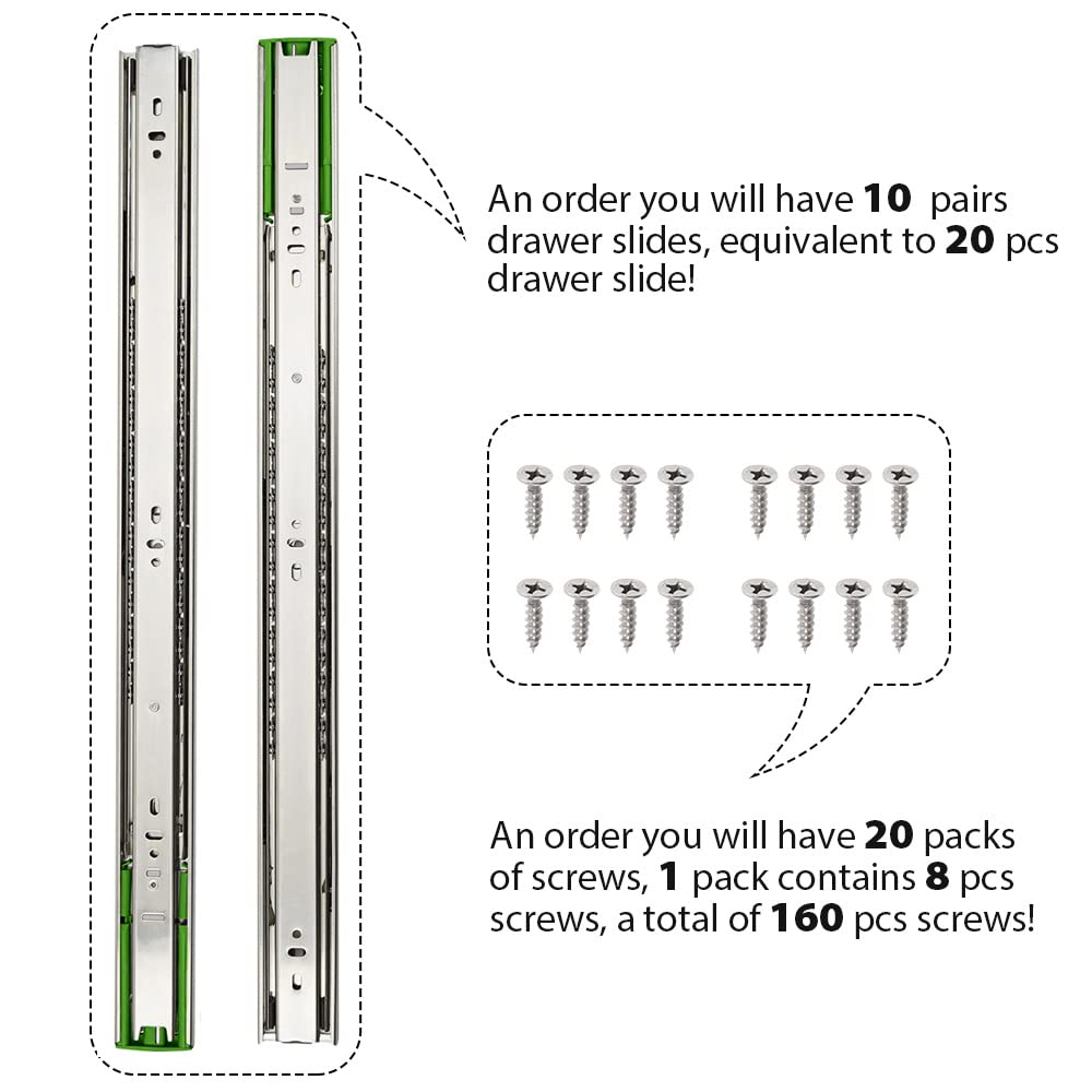 10 Pairs 22 Inch Soft-Close Full Extension Ball Bearing Drawer Slides - Heavy Duty Side Mount 3-Section Cabinet Slides for Kitchen, Office & Furniture Drawers