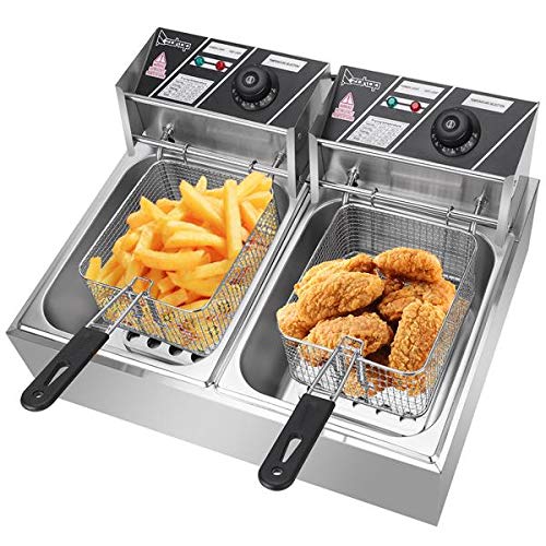 12L Commercial Stainless Steel Electric Deep Fryer - Dual Cylinder for Chicken, Chips, Fries - Includes Basket & Scoop - Perfect for Restaurants, Food Trucks & Home Cooking