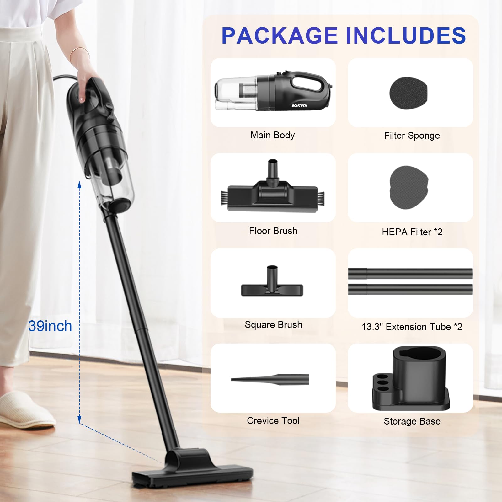 20KPa Powerful Suction Ultra-Light Stick Vacuum Cleaner - Cordless for Hard Floors & Pet Hair | Ideal for Home Cleaning, Car Interiors & Pet Owners