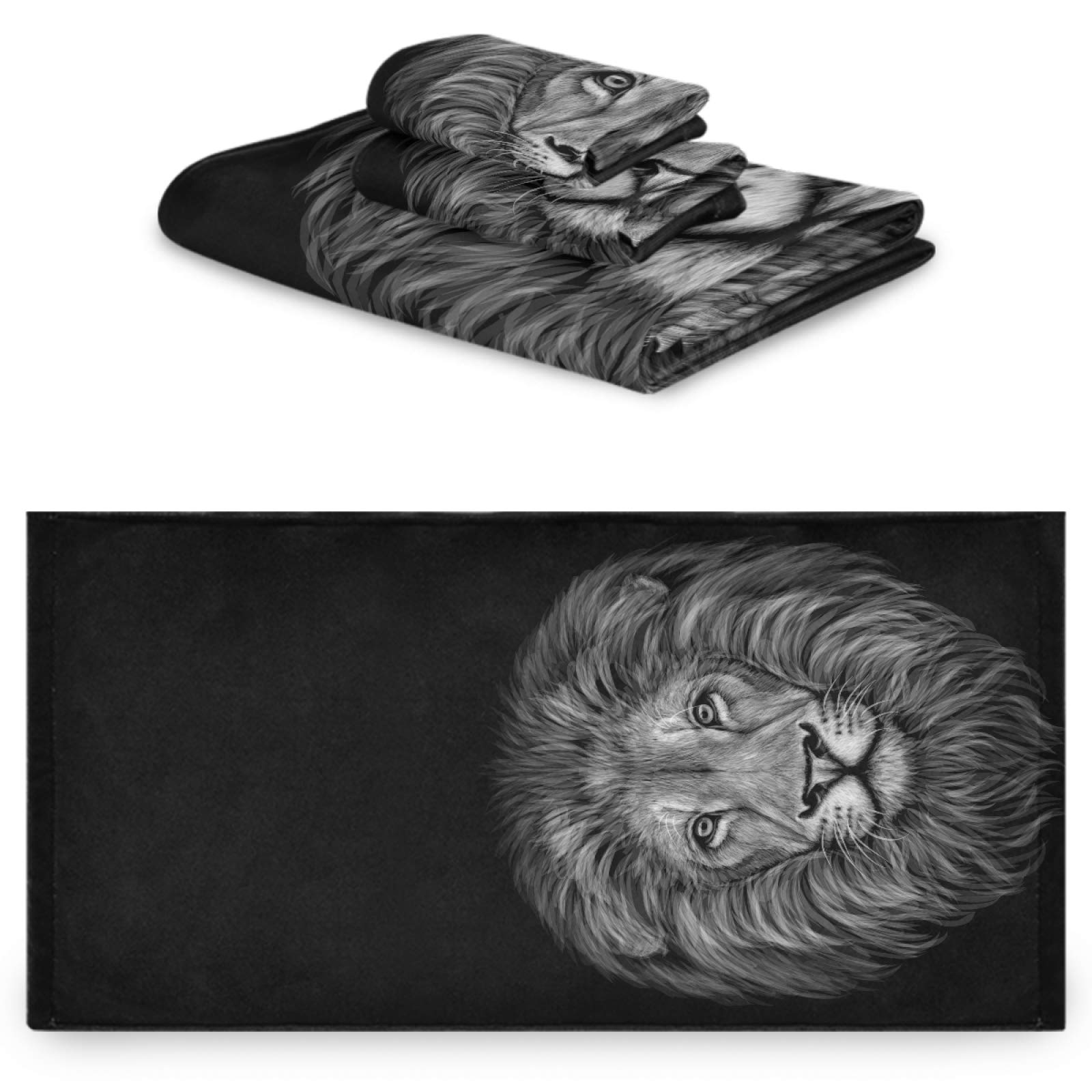 Premium 3-Piece Lion Print Towel Set - 1 Bath Towel, 1 Hand Towel, 1 Washcloth | Soft & Absorbent Black Decorative Towels for Bathroom, Hotel, Gym, Spa & Kitchen | Perfect for Home Decor, Guest Bathrooms & Luxury Spa Experiences