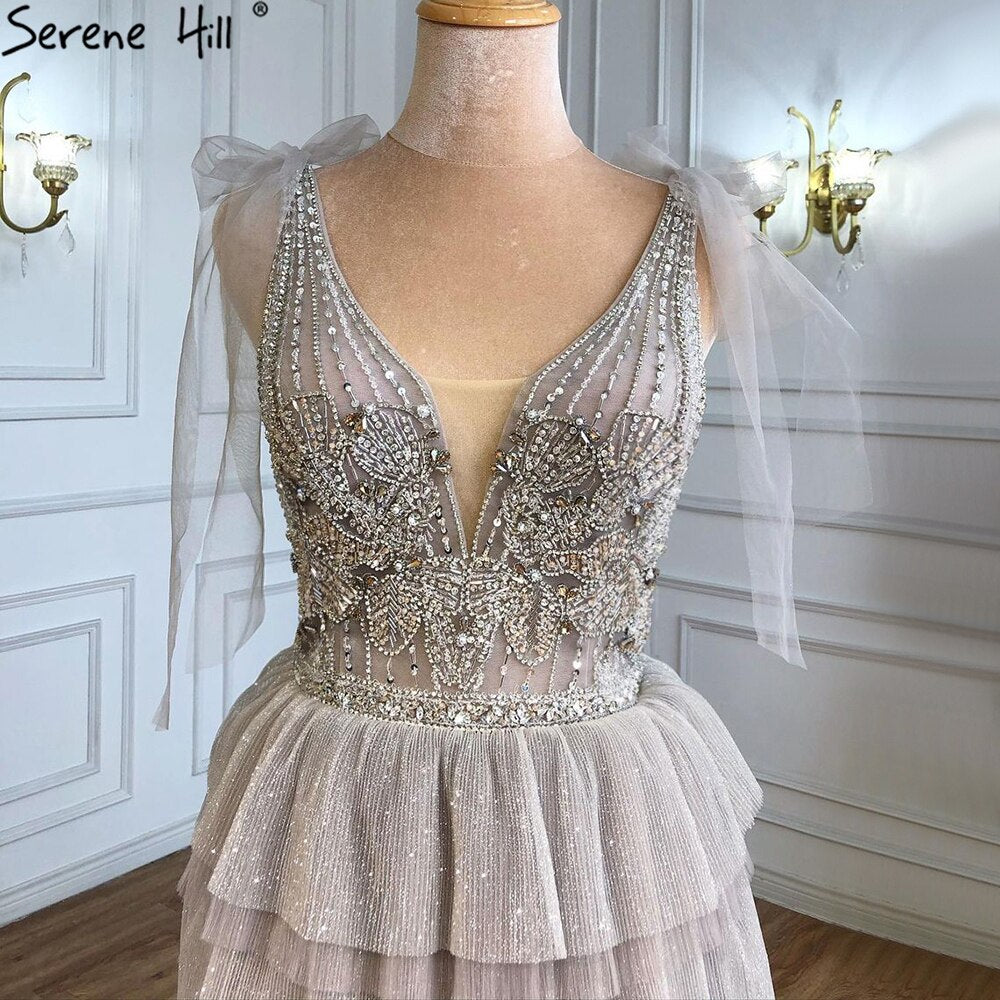 Serene Hill Grey Nude A-Line Evening Dress 2025 - Luxury Beaded Tiered Sexy Women's Gown for Wedding, Party & Special Occasions | LA71228