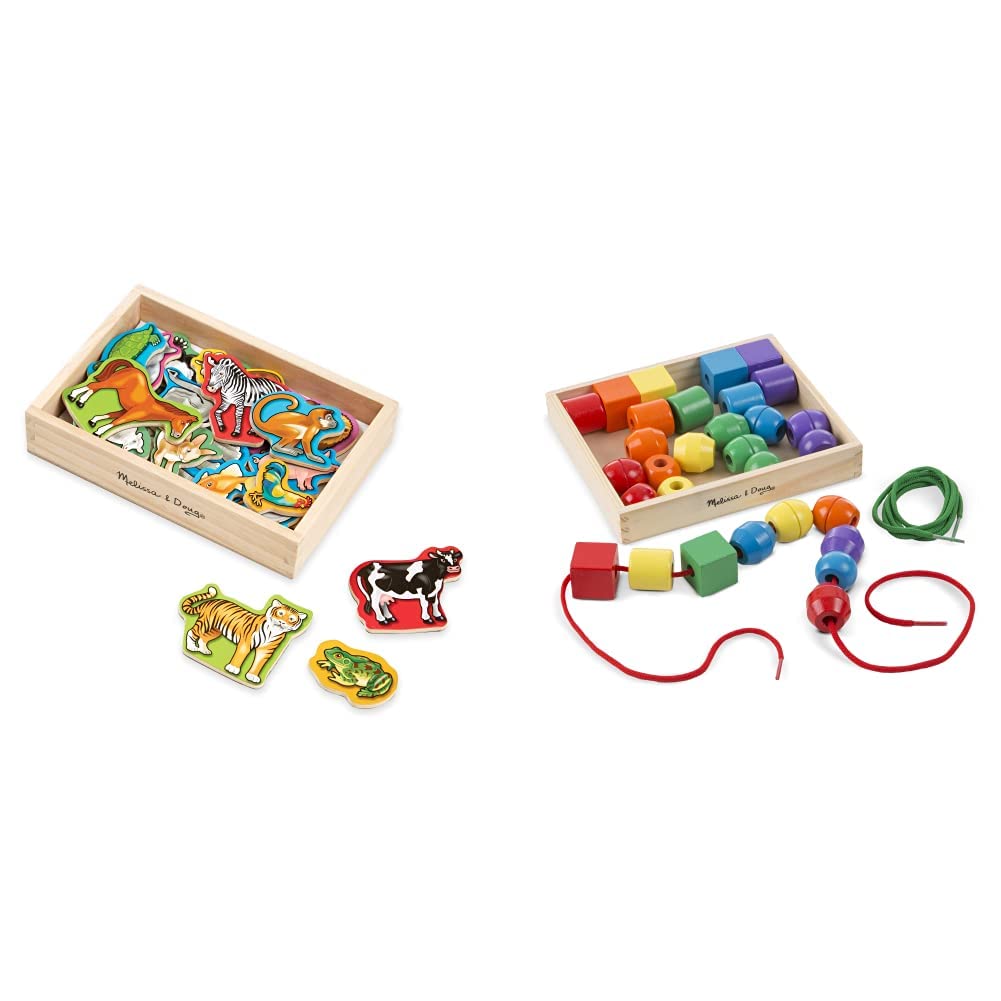 Melissa & Doug Wooden Animal Magnets Set (20-Piece) & Primary Lacing Beads Educational Toy (30 Beads + 2 Laces) - Montessori Learning Toys for Toddlers, Preschool Classroom & Homeschool Activities
