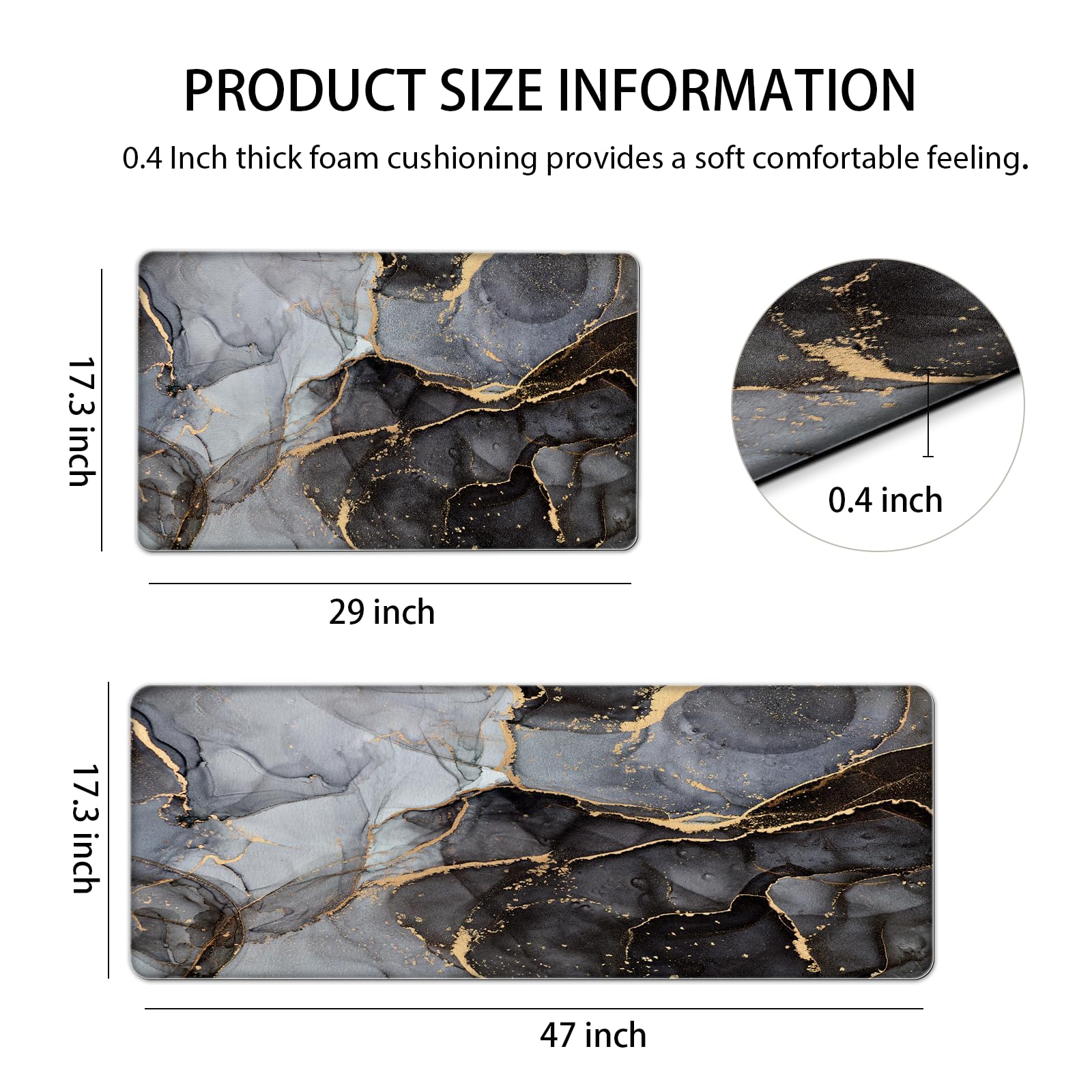 Premium Anti-Fatigue Kitchen Mat Set - 2 Pack Cushioned Memory Foam Floor Mats, Non-Slip Waterproof Kitchen Rugs in Black & Gold for Standing Comfort - Ideal for Kitchens, Laundry Rooms & Workstations