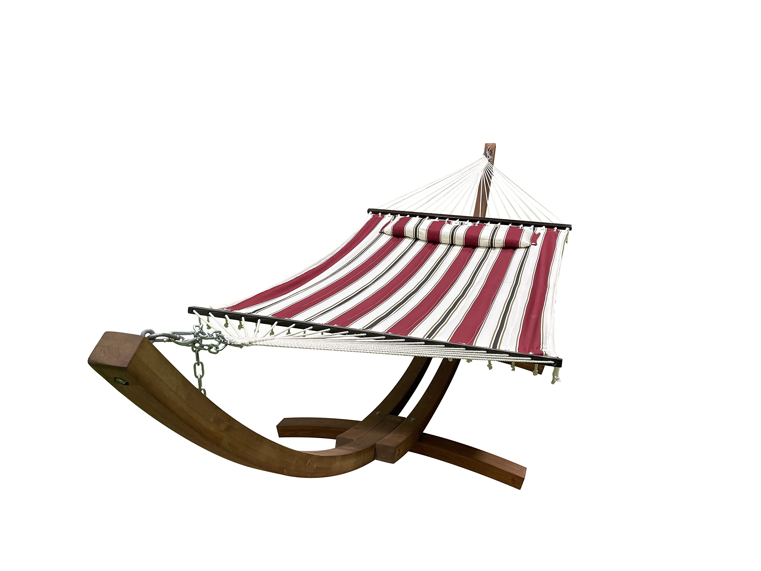 14 Ft. Wooden Arc Hammock Stand with Deluxe Quilted Double Padded Hammock Bed & Pillow - 2 Person Outdoor Hammock 450 LB Capacity (Teak Stain/Elegant Red Stripe) - Perfect for Backyard, Patio, Garden Relaxation & Camping