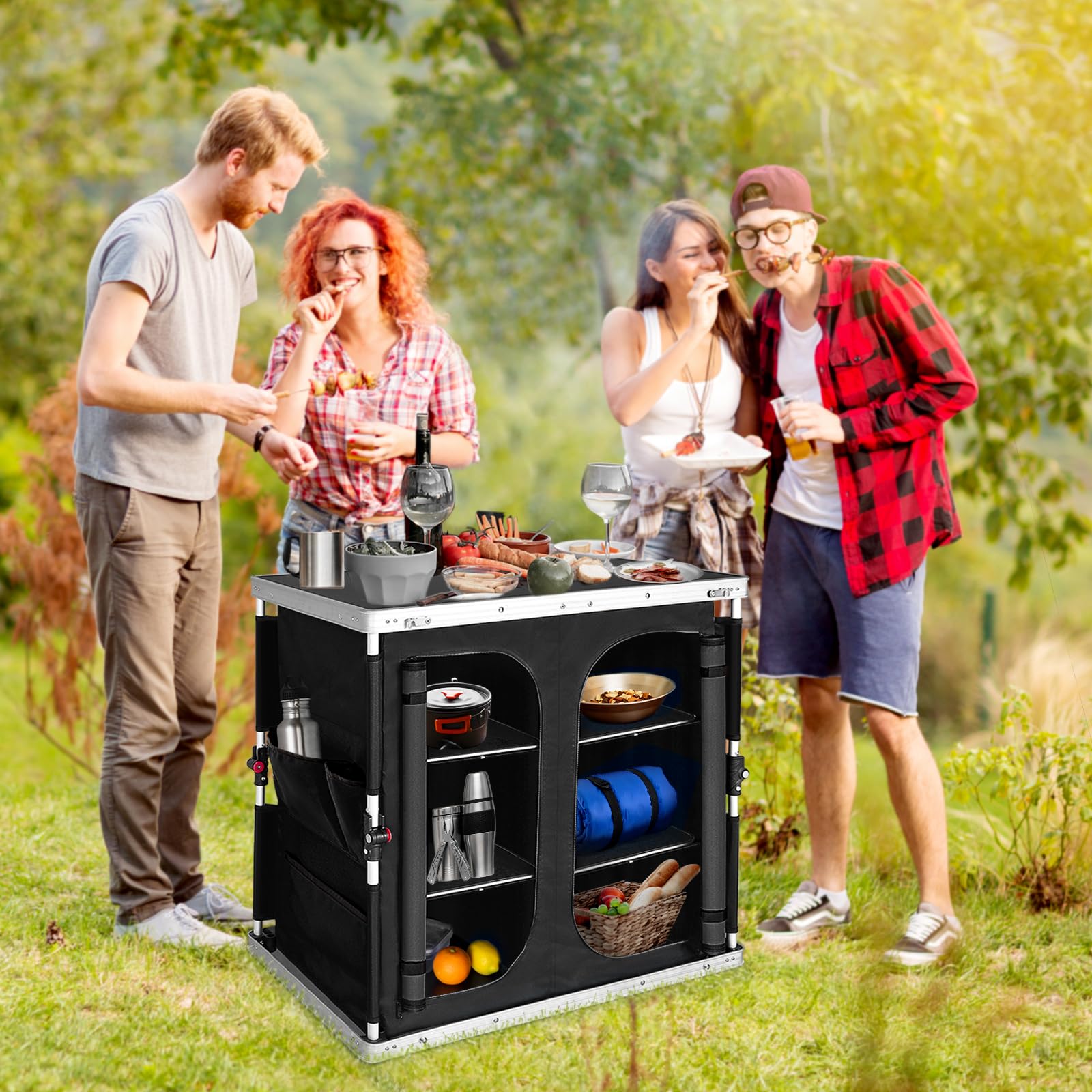 EAGLE PEAK Double Outdoor Folding Camping Table with 3-Tier Storage & Side Pockets - Portable Aluminum Camp Kitchen for Picnics, BBQs, Tailgating & RV Trips - Easy Setup Compact Design (Black)