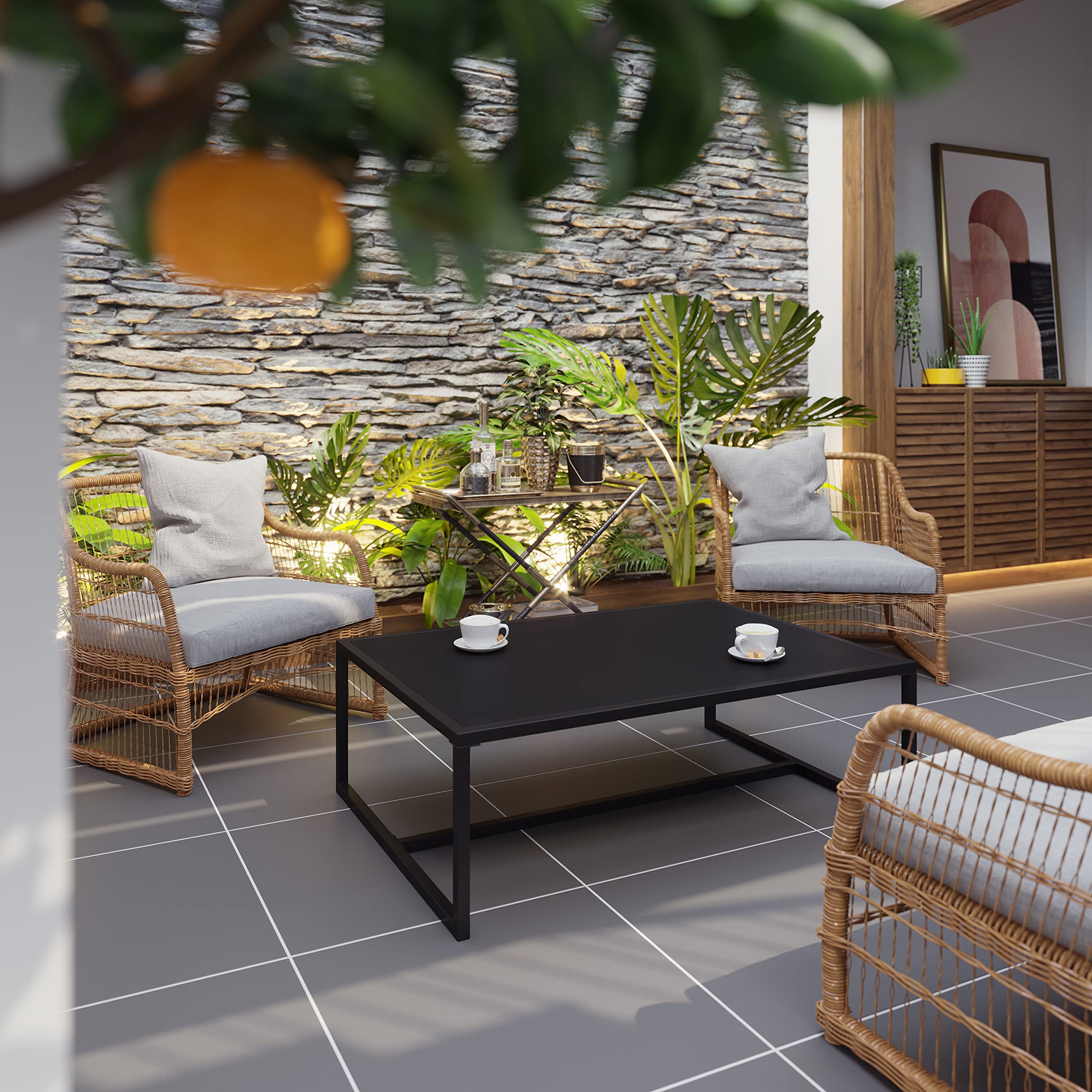 EMMA + OLIVER Black Steel All-Weather Commercial Grade Patio Coffee Table for Indoor & Outdoor Use - Perfect for Backyard, Garden, Deck, and Poolside Relaxation