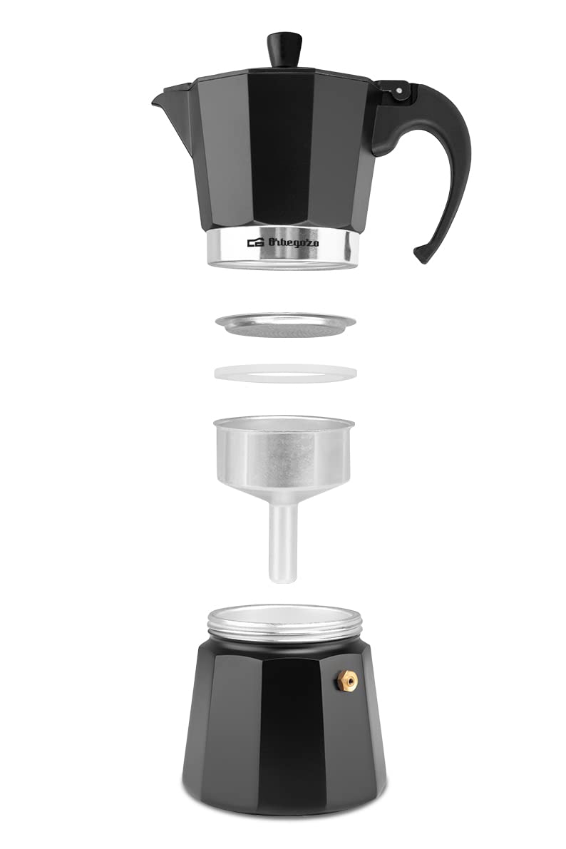 Orbegozo KFN 610 Italian Stovetop Espresso Coffee Maker - 6 Cup Aluminum Moka Pot with Ergonomic Handle, Safety Valve & Removable Filter (Black) - Perfect for Home, Office & Camping Coffee Brewing