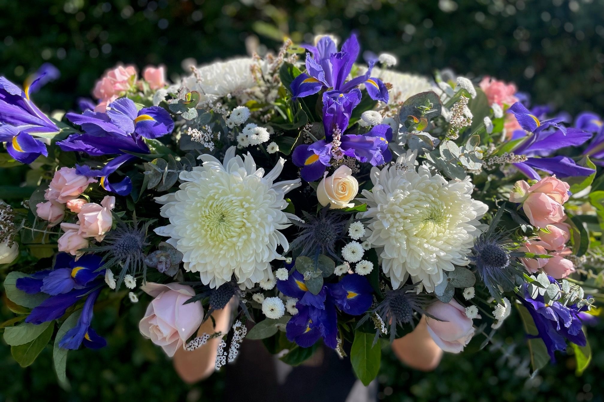 Elegant Blue, Pink & White Casket Spray - Funeral Floral Arrangement for Memorial Services & Sympathy Tributes