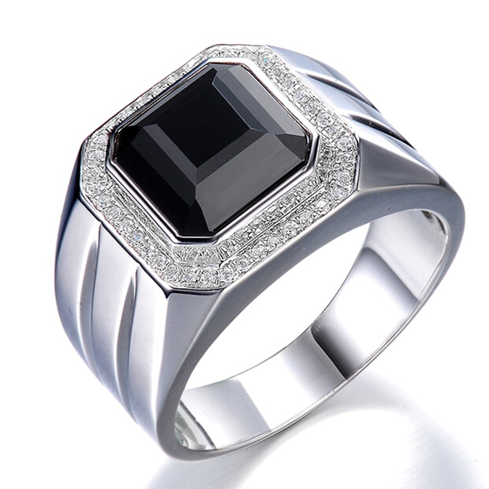 Men's Natural Black Agate & Cubic Zirconia 925 Silver White Gold Plated Engagement Ring Set - Promise Band for Wedding, Anniversary & Special Occasions