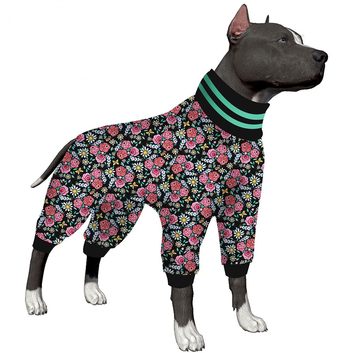 LovinPet Big Dog Pajamas - Stretchable Rose Print Dog Pjs for UV & Post-Surgery Protection | High Collar Dog Jumpsuit Base Layer Under Sweater | 3XL Large Dog Jammies for Winter Warmth & Indoor Comfort