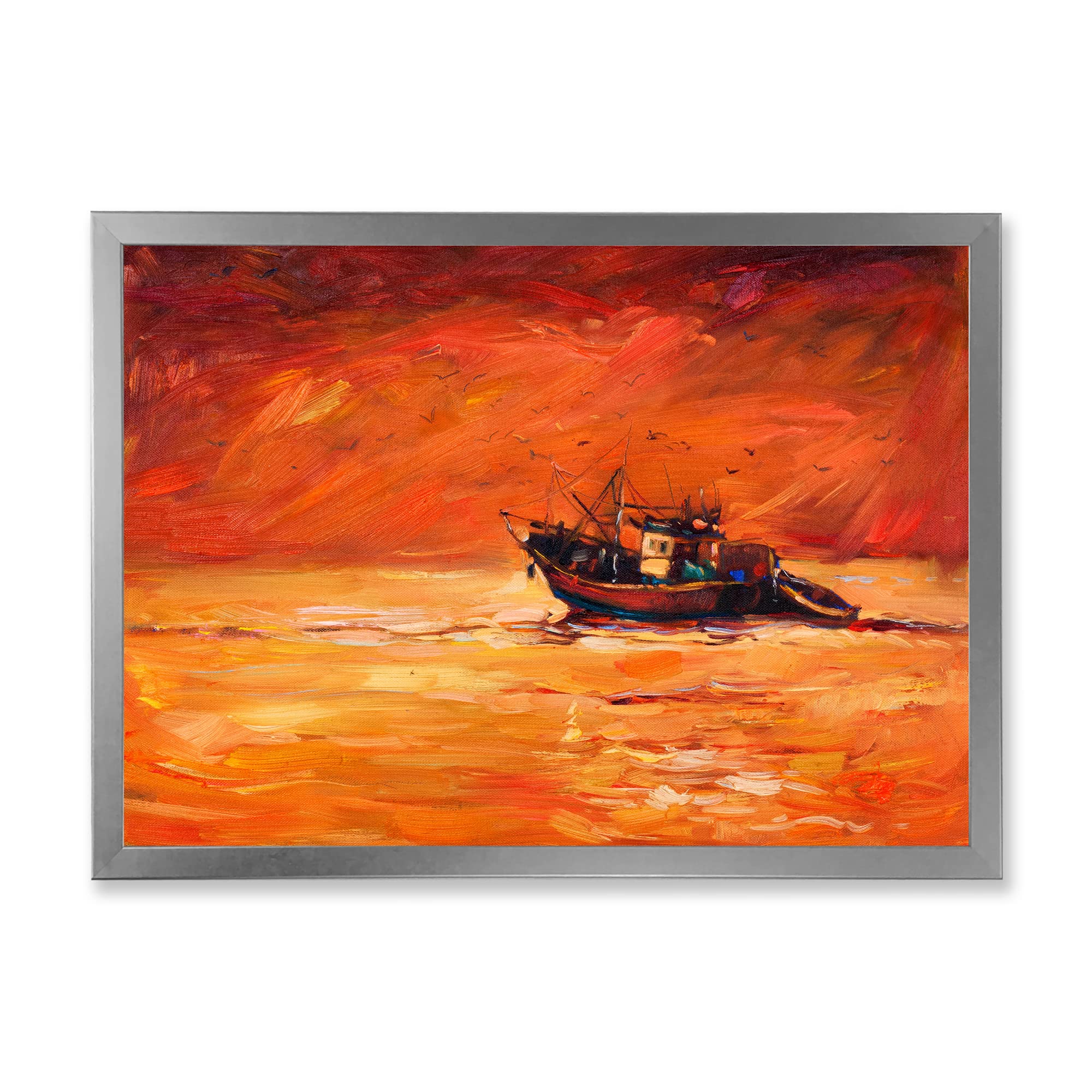 Coastal Framed Wall Art - Fishing Boat at Sunset, Nautical Home Decor for Living Room, Bedroom & Office | Perfect Beach House & Seaside Theme Decoration