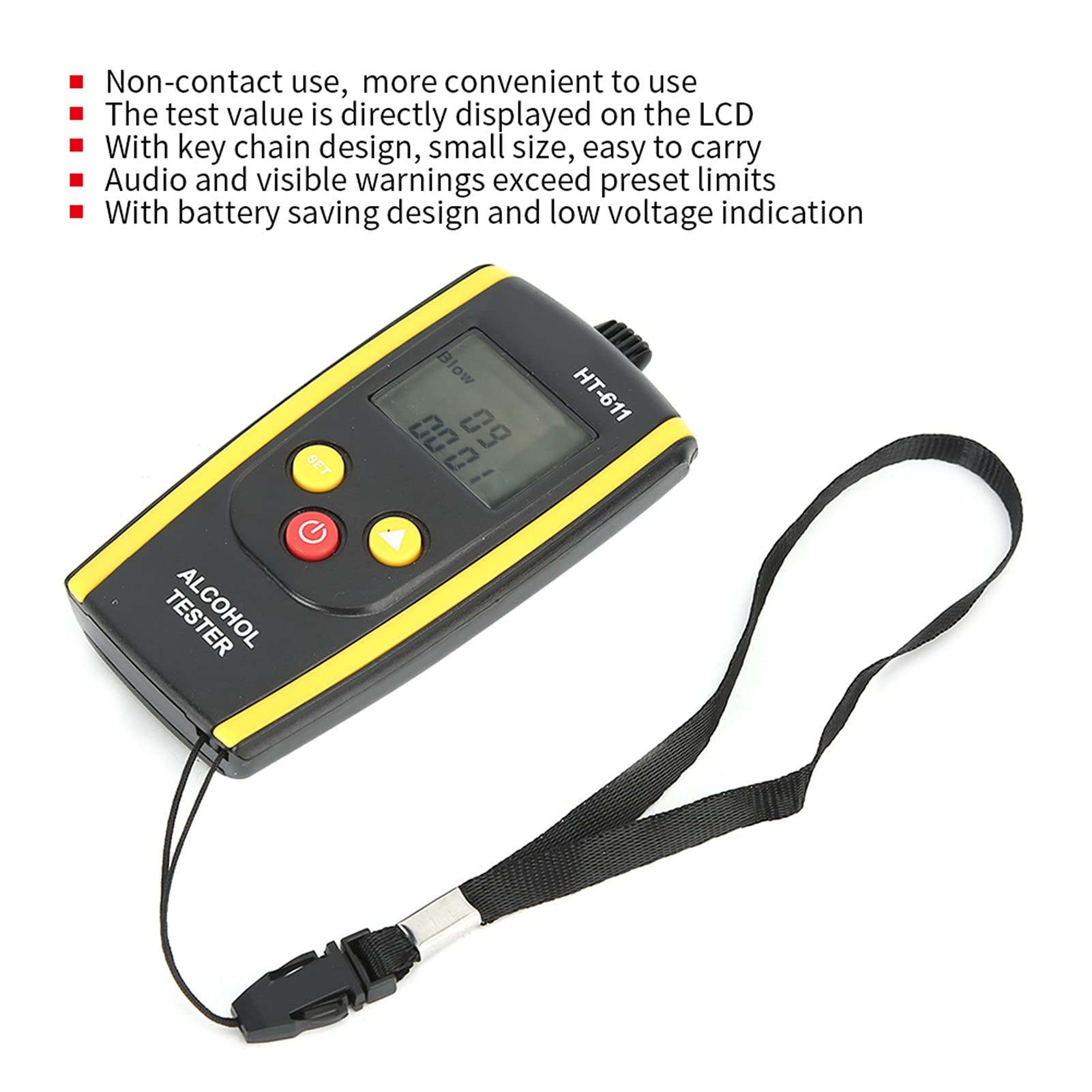 HT 611 Portable Breath Alcohol Tester - High Accuracy Personal Breathalyzer with LCD Display & Visual Warnings | Includes Nylon Rope for Easy Carry | Ideal for Personal Safety, Workplace Testing & DUI Prevention
